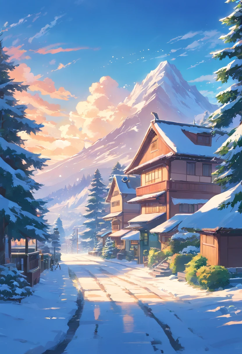 Create beautiful Christmas images, There are snowy mountains, Swiss House, Pine trees and snow, Anime countryside, made of tree and fantasy valley, scenery art detailed, Beautiful cloud. anime big breast, Detailed scenery - width 672, anime landscape wallpapers, Anime landscapes, View of Ghibli Studio, highly detailed 4k digital art, Amazing wallpapers on paper, Tran Ross. scenery background, Dream Landscape