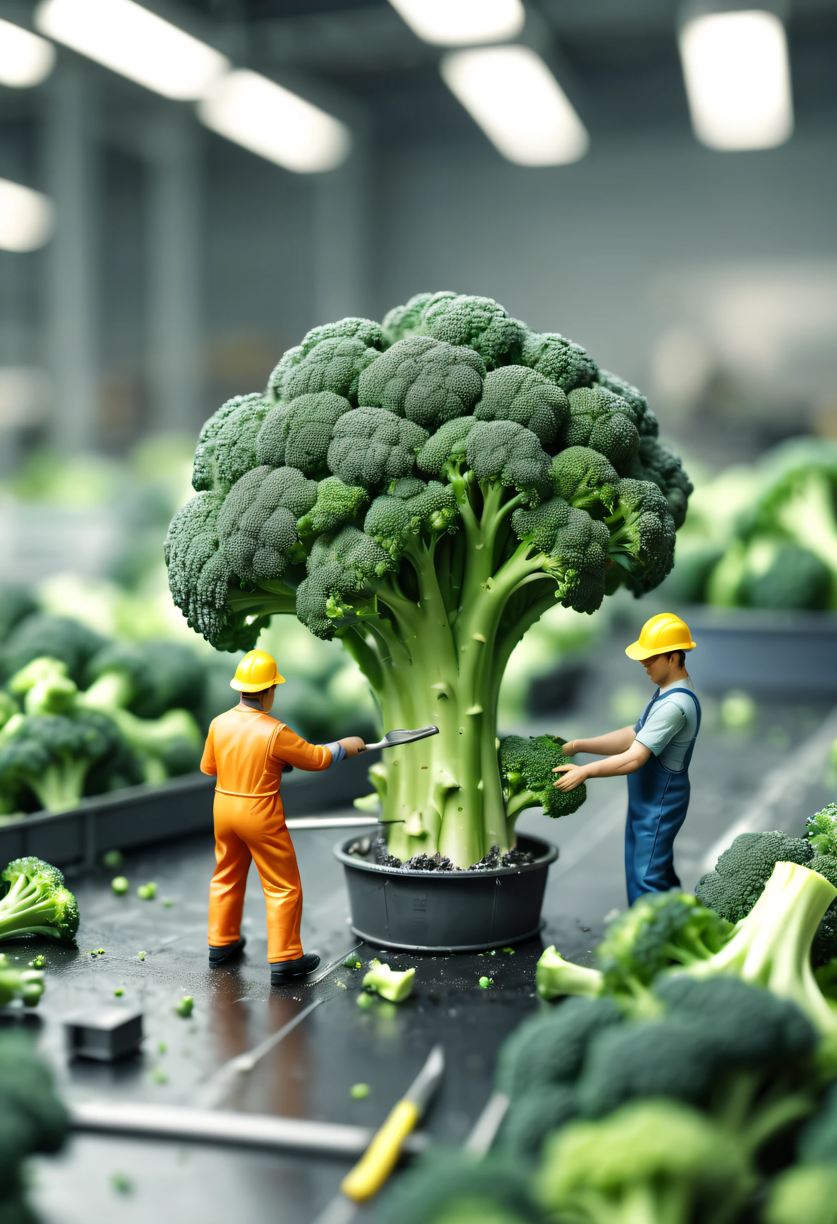 two workers working on a broccoli, Miniature, blur background, 3d rendering, octane render, super detailed, ultra HD
