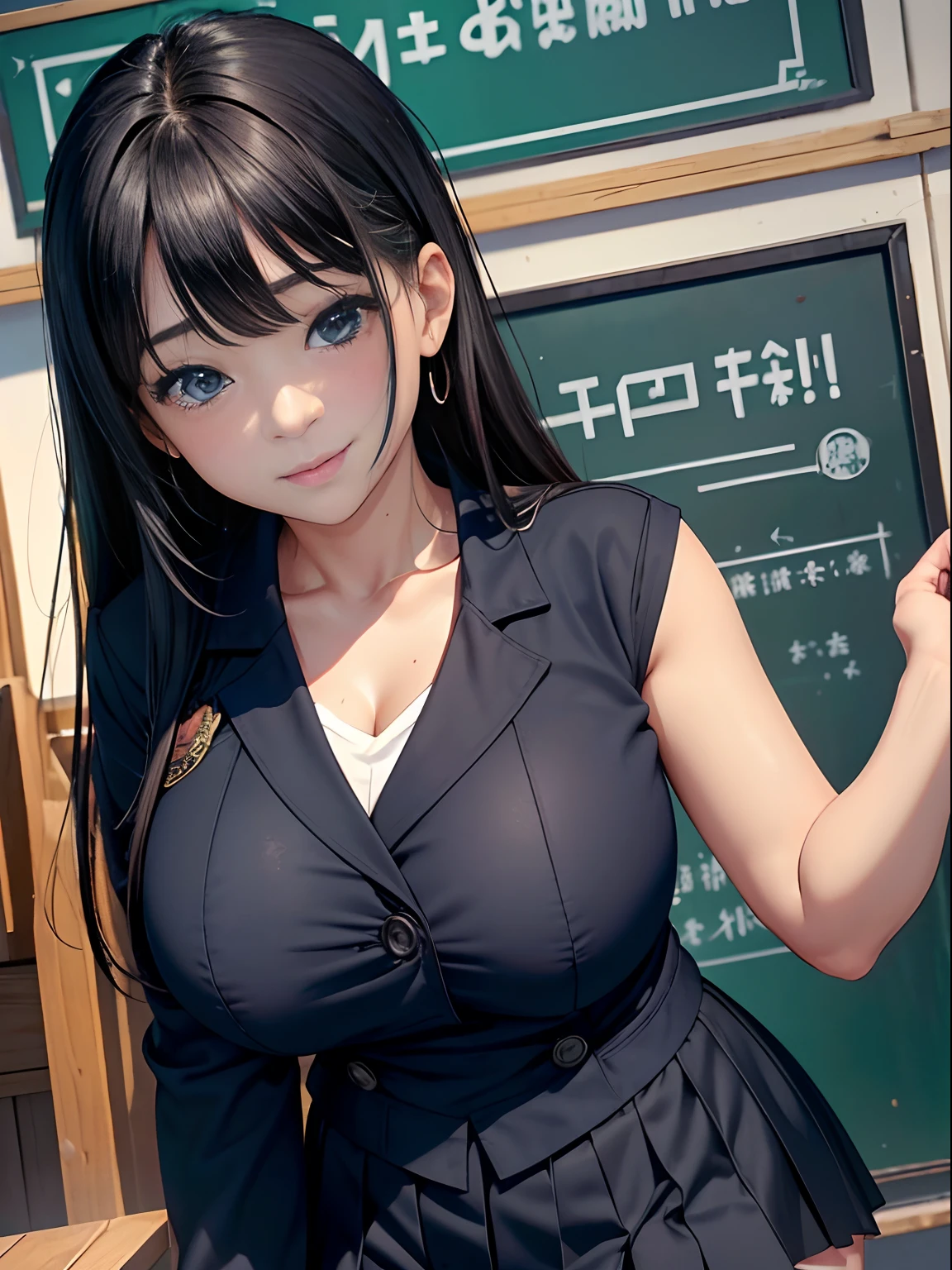 Teen Girls、(masterpiece:1.4)、(in 8K、realisitic、Raw photo、top-quality:1.4)、(Real Face:1.4)、(real looking skin:1.3)、超A high resolution、A hyper-realistic、Eyes in Beautiful Details、black hair shorthair、Dark blue blazer、Short pleated skirt、high detailing、(huge-breasted:1.5)、Blushing、a smile、gargantilha、to stand、schools、Cultural Festival