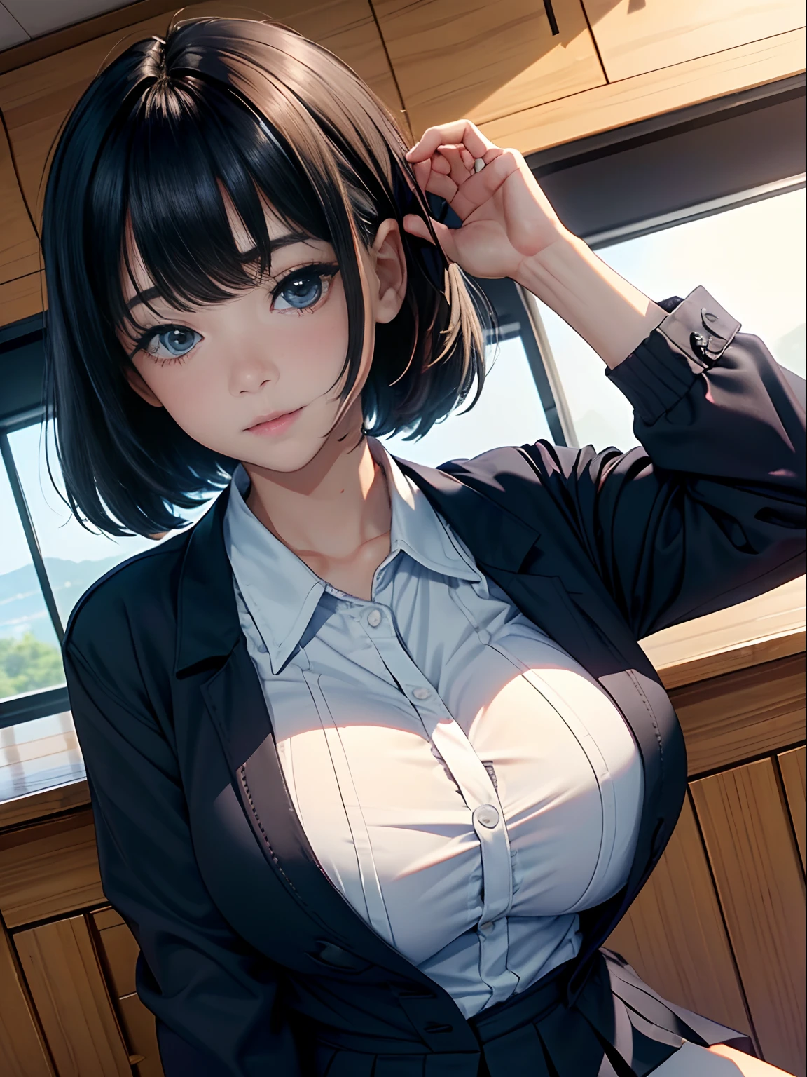 、(masterpiece:1.4)、(in 8K、realisitic、Raw photo、top-quality:1.4)、(Real Face:1.4)、(real looking skin:1.3)、超A high resolution、A hyper-realistic、Eyes in Beautiful Details、black hair shorthair、Dark blue blazer、Short pleated skirt、high detailing、(huge-breasted:1.5)、Blushing、a smile、gargantilha、to stand、schools、Cultural Festival