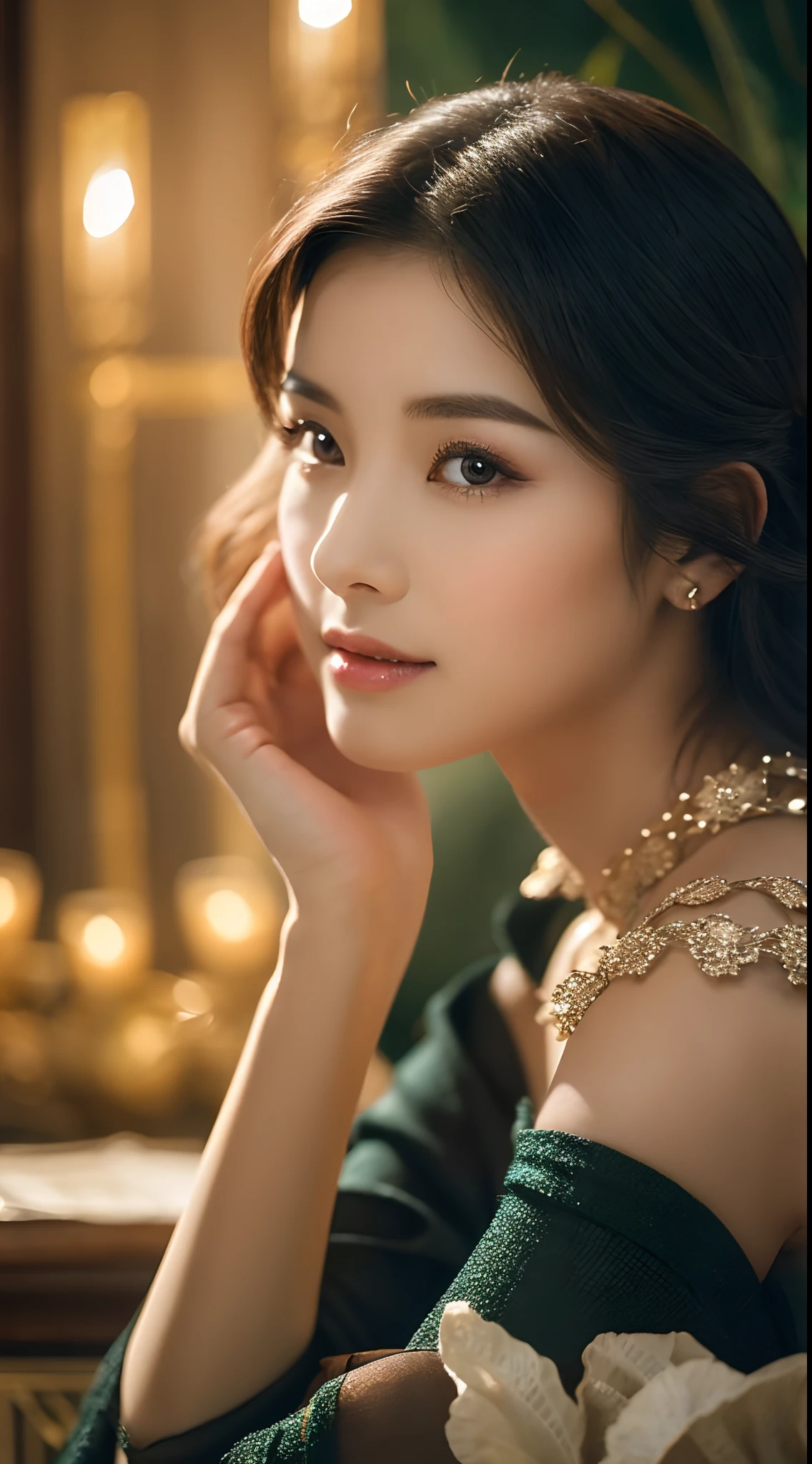 1picture, focus, open chest, vision of elegance and grace. With her Asian heritage, her features were delicate and refined. But it was her eyes that truly captivated me. They were enchanting, like deep pools of obsidian, sparkling with a hint of mischief. Almond-shaped and adorned with long, lush lashes, they held a depth and wisdom that seemed to defy her young age. Her eyes were expressive, capable of conveying a myriad of emotions with just a subtle shift in gaze. They were the windows to her soul, revealing a kind and gentle spirit. In their depths, I could see a quiet strength and resilience, a reflection of the beauty that lay within her.
