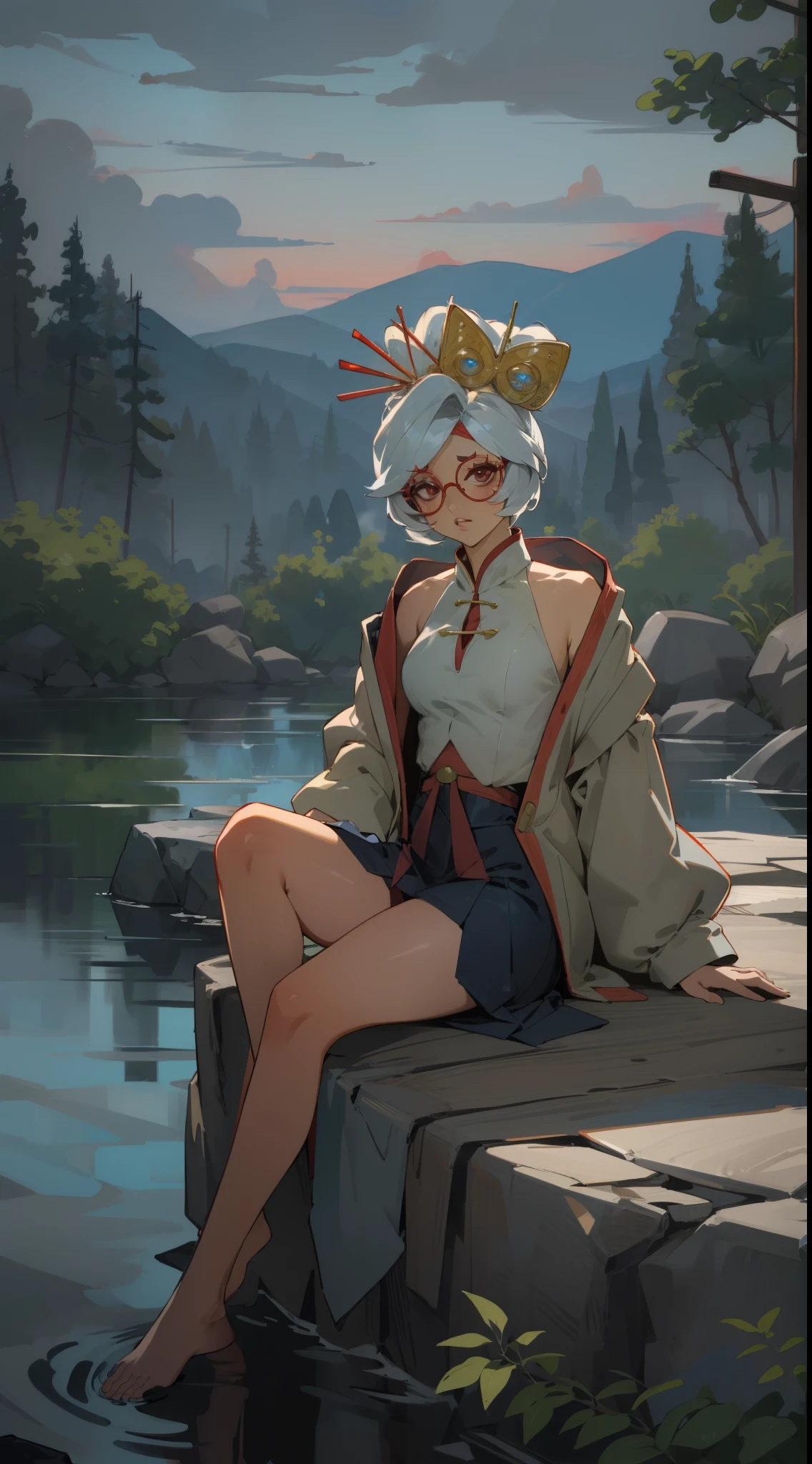 masterpiece, realistic, best quality, purah, red glasses, hair ornament, white jacket, sleeveless shirt, full body, smug, sky, forest, night sky, taking jacket off, rock Hot springs, stripping clothes off, sitting on rocks