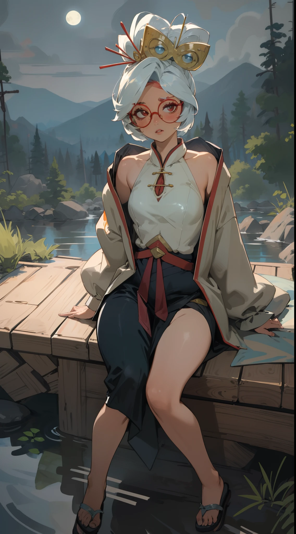 masterpiece, realistic, highest quality, purah, red glasses, hair ornaments, white jacket, sleeveless shirt, whole body, smug, null, forest, night null, Take off your jacket, hot water spring, taking off one's clothes、Obscene estrus、全naked、naked、sexy sex、Climax、hairy、tears、暴力flow血、young girl、young、flow