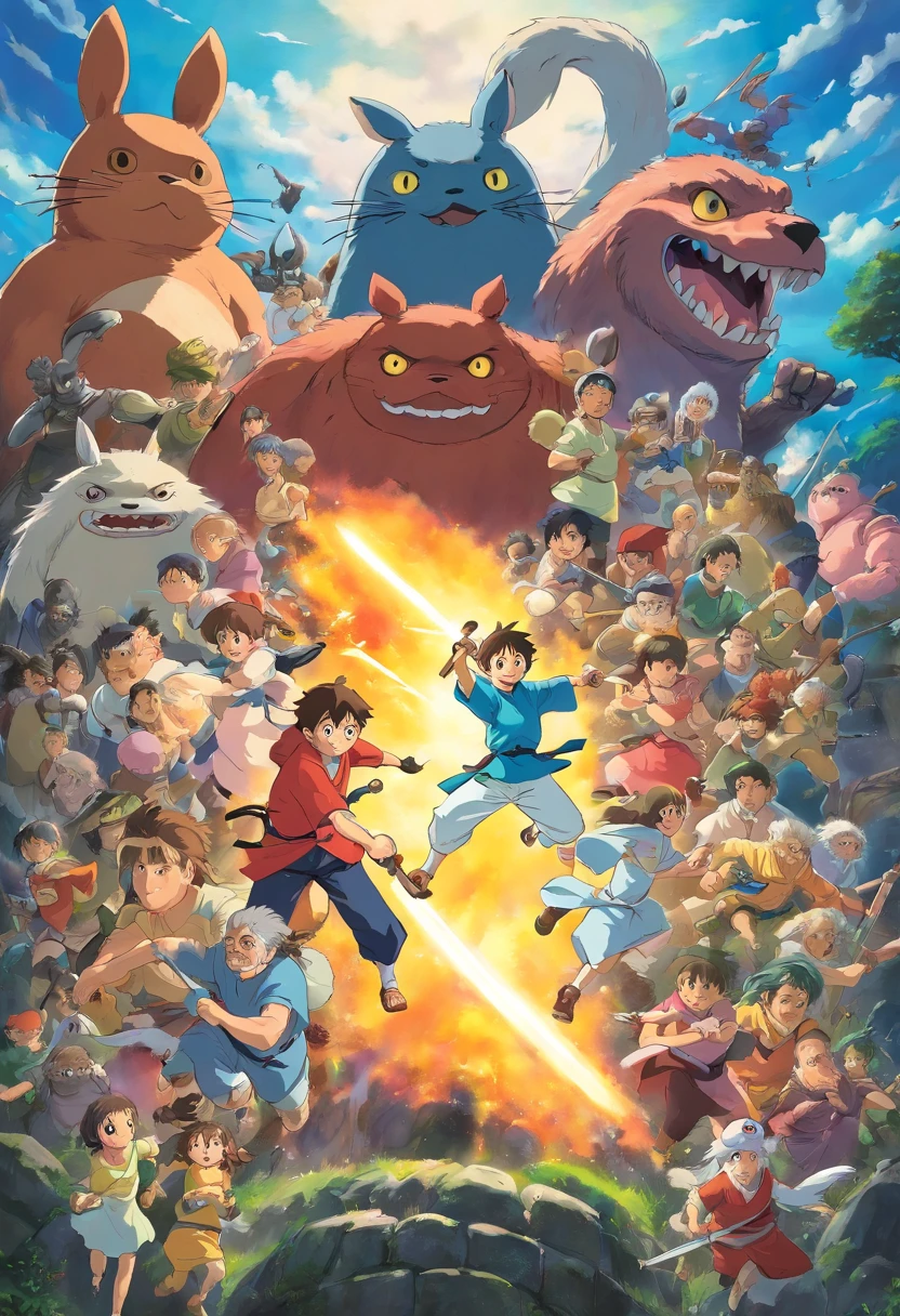 Various characters from the anime fighting