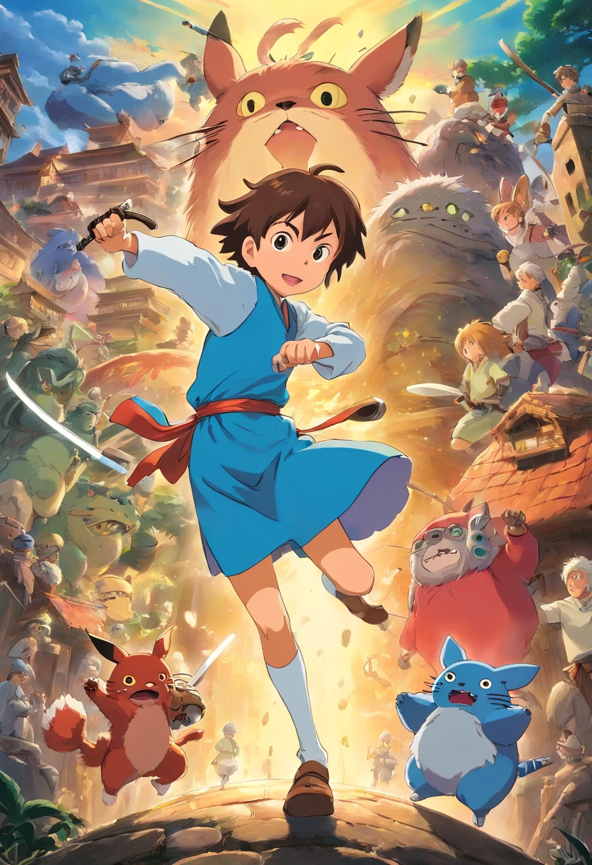Various characters from the anime fighting