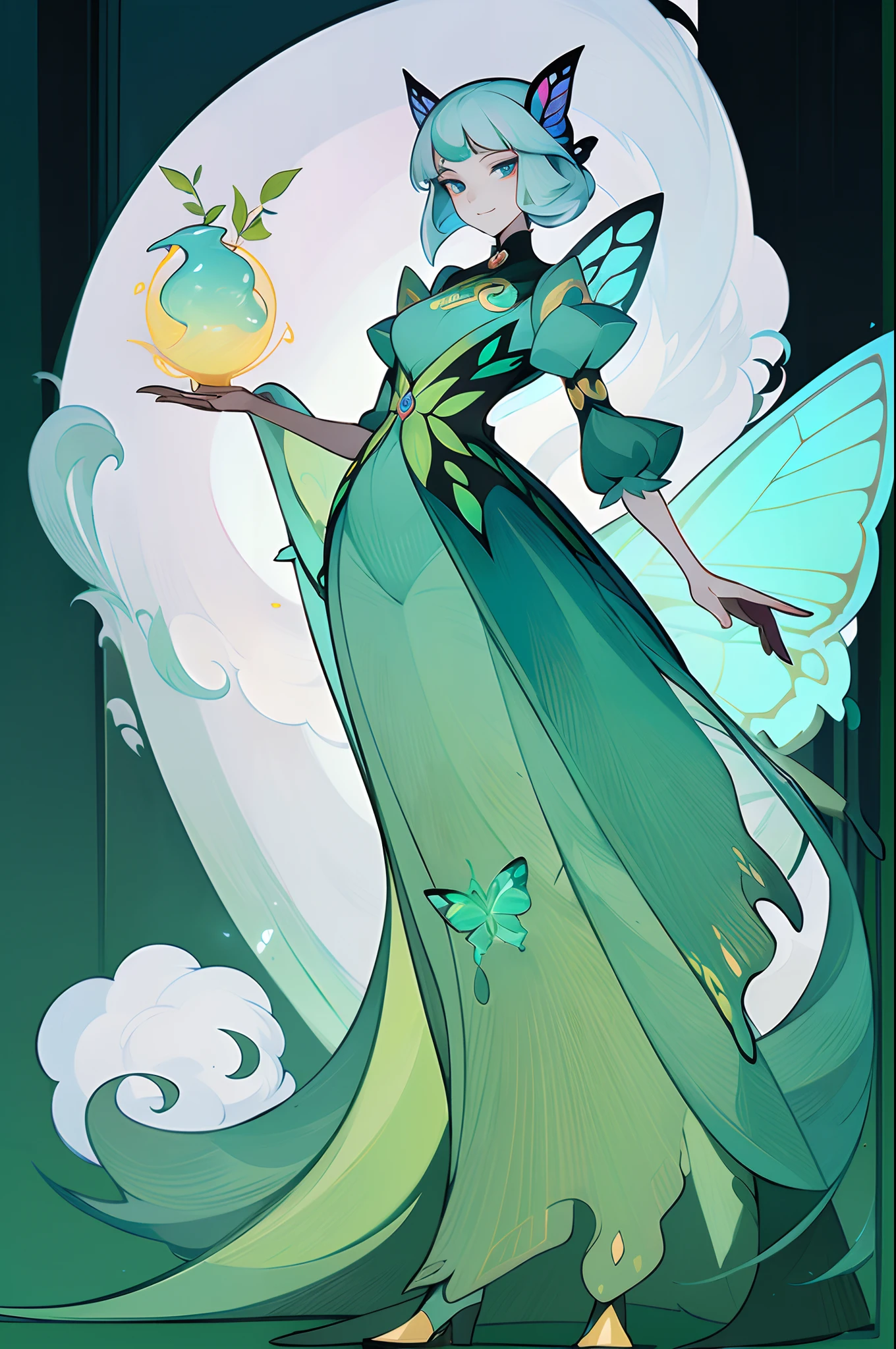 (1 Anthropomorphism of butterflies), (standing full-body), (Full body standing painting), 1 Princess，(standing full-body)，独奏, character  design, fanciful, tmasterpiece，top Quority，best qualtiy，超高分辨率，Exquisite facial features