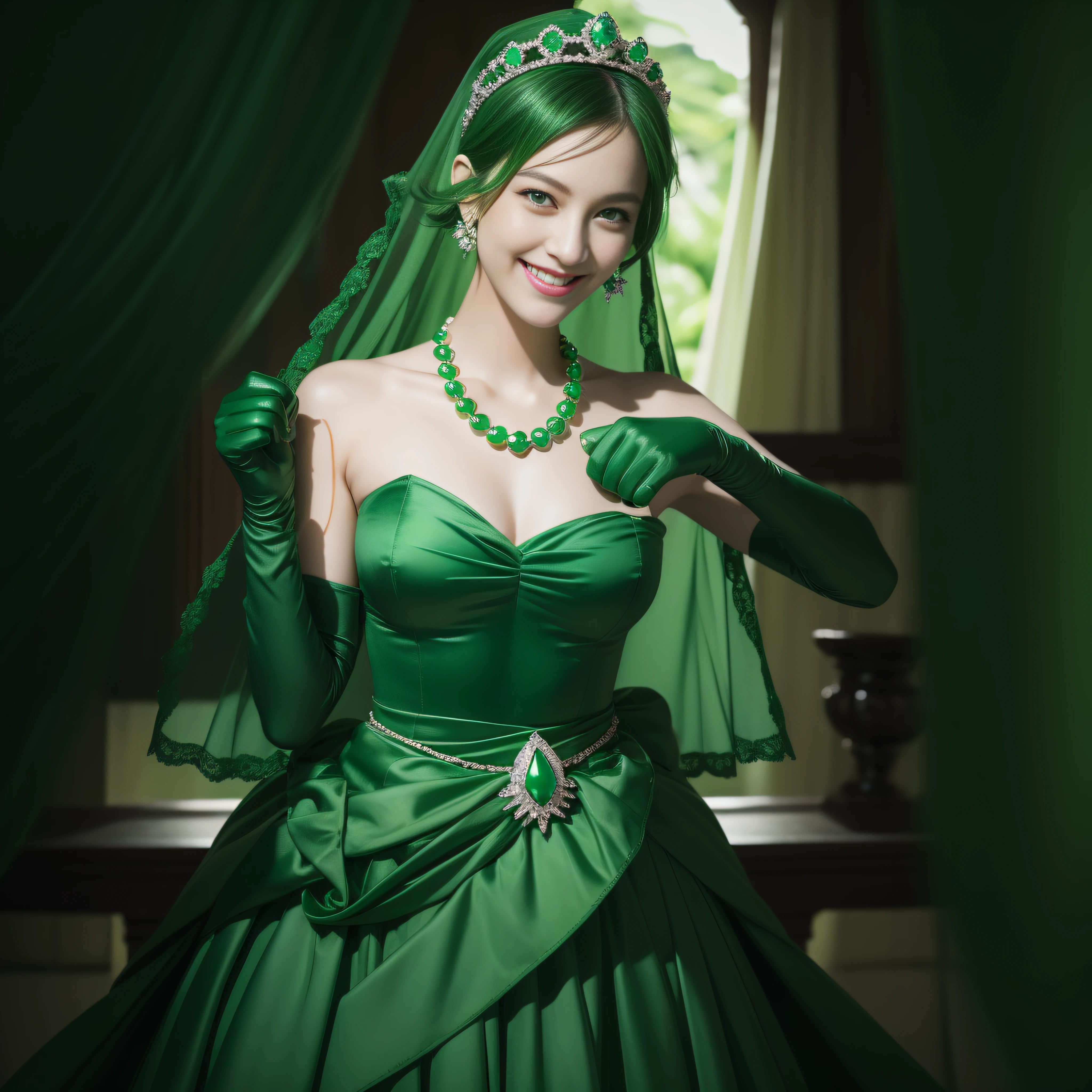 emerald tiara, Green Pearl Necklace, Boyish very short green hair, lipsticks, Japan woman smiling, very short short hair, fist, big breasts beautiful, Green eyes, Long green gloves made of satin material, Green eyes, Emerald Earrings
