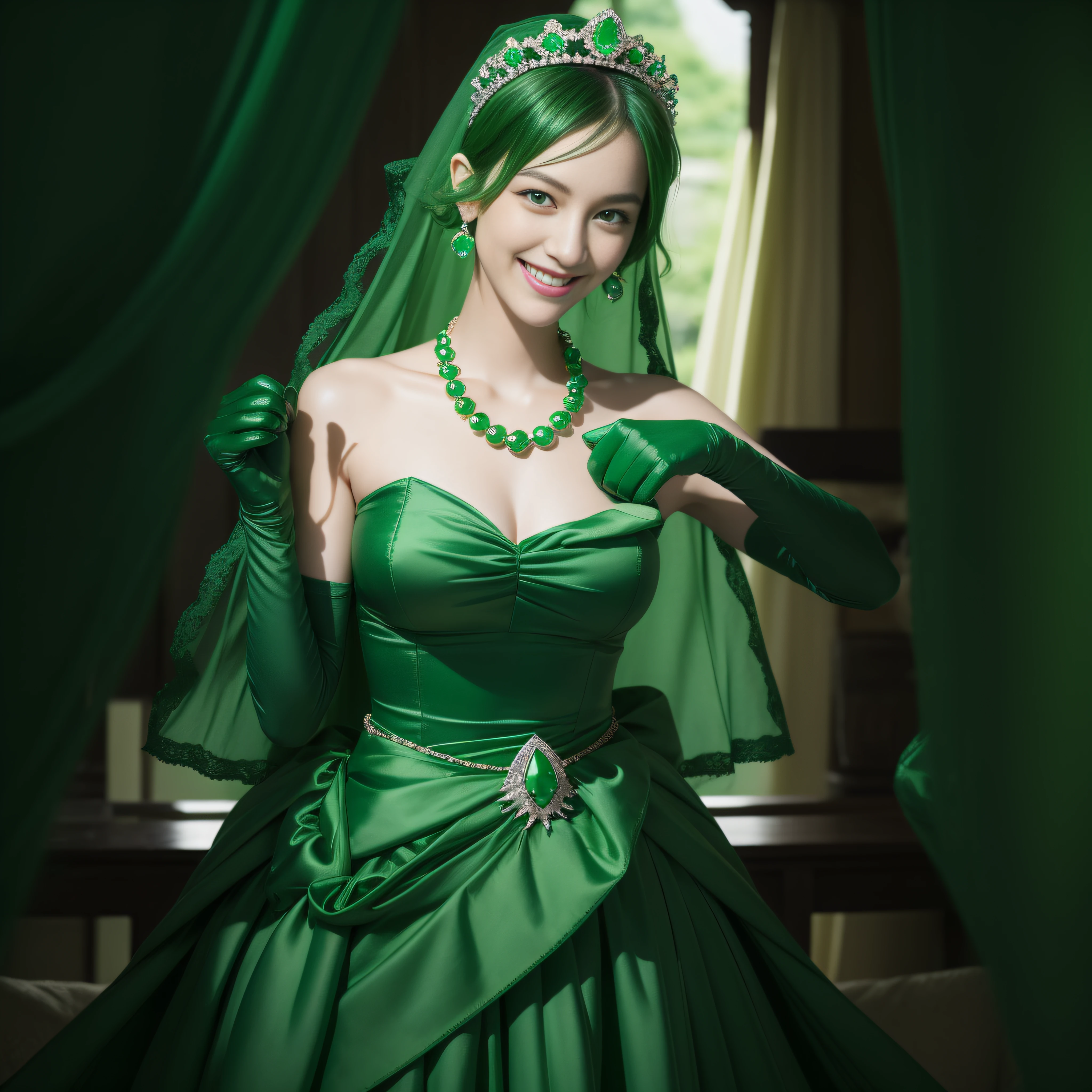 emerald tiara, Green Pearl Necklace, Boyish very short green hair, lipsticks, Japan woman smiling, very short short hair, fist, big breasts beautiful, Green eyes, Long green gloves made of satin material, Green eyes, Emerald Earrings