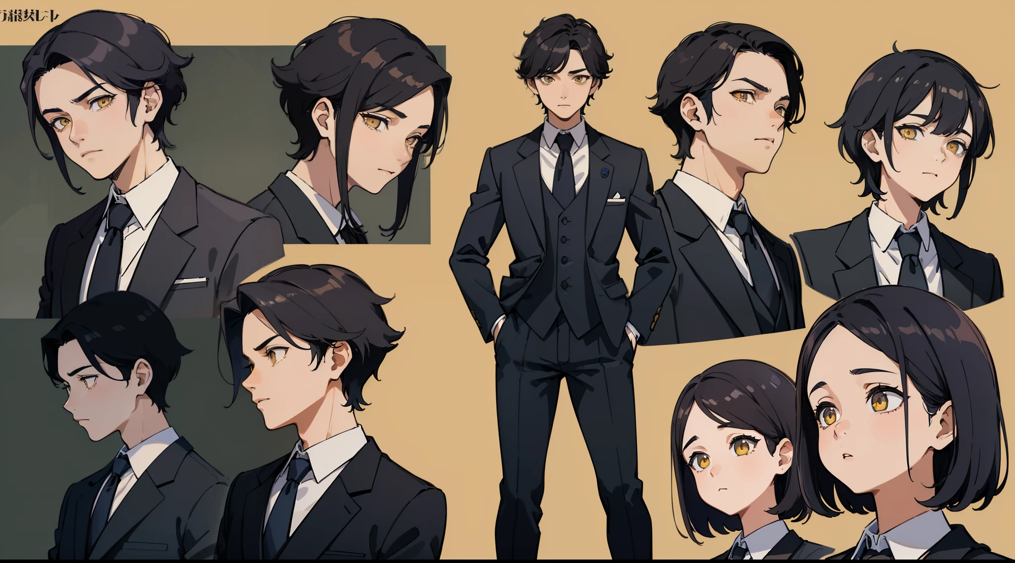 ((Masterpiece, Highest quality)), Detailed face, character sheets, full bodyesbian, 1boys, Yellow eyes, Black hair,  short detailed hair， Smooth hair, hair between eye,Black loose suit, Full of details, Multiple poses and expressions, Highly detailed, Depth, Many parts
