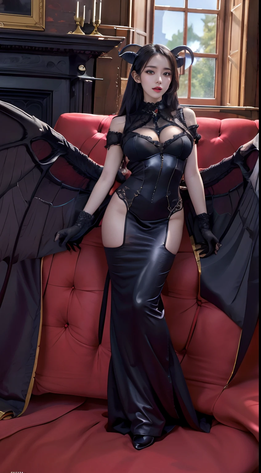 (Best Quality,Masterpiece:1.2),The ultra-detailliert,(Photo Photorealistic:1.4),Lovely_succubus,Devil Wings,irene,lisa, ((Background of European castles))