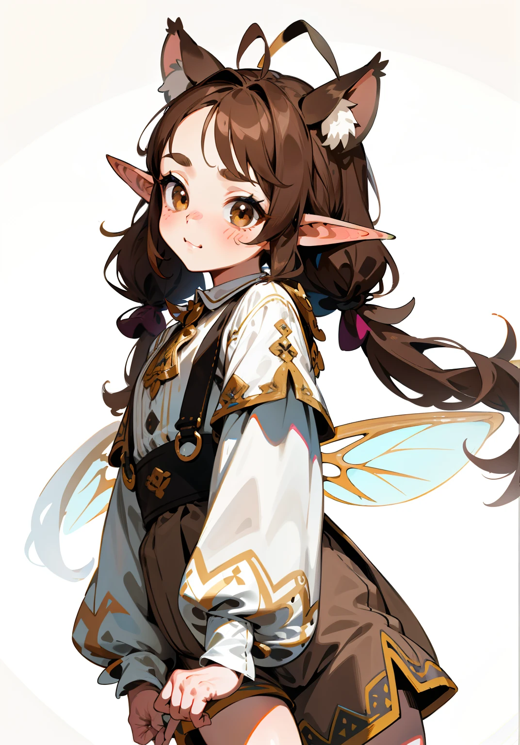1GIRL, cute girl, finely detailed, (best quality), (intricate details), cute style, li, fairy style, multicolored, ((long brown hair in pigtails)), best quality, ((elf ears)), ((fuzzy antennae)), ((big fairy wings)), ((long sleeve shirt and shorts)), ((brown and white clothes)), ((elf style clothes)), ((round eyes)), beautiful face, pouty, shy, cute face, pinup, perfect face, simple background portrait