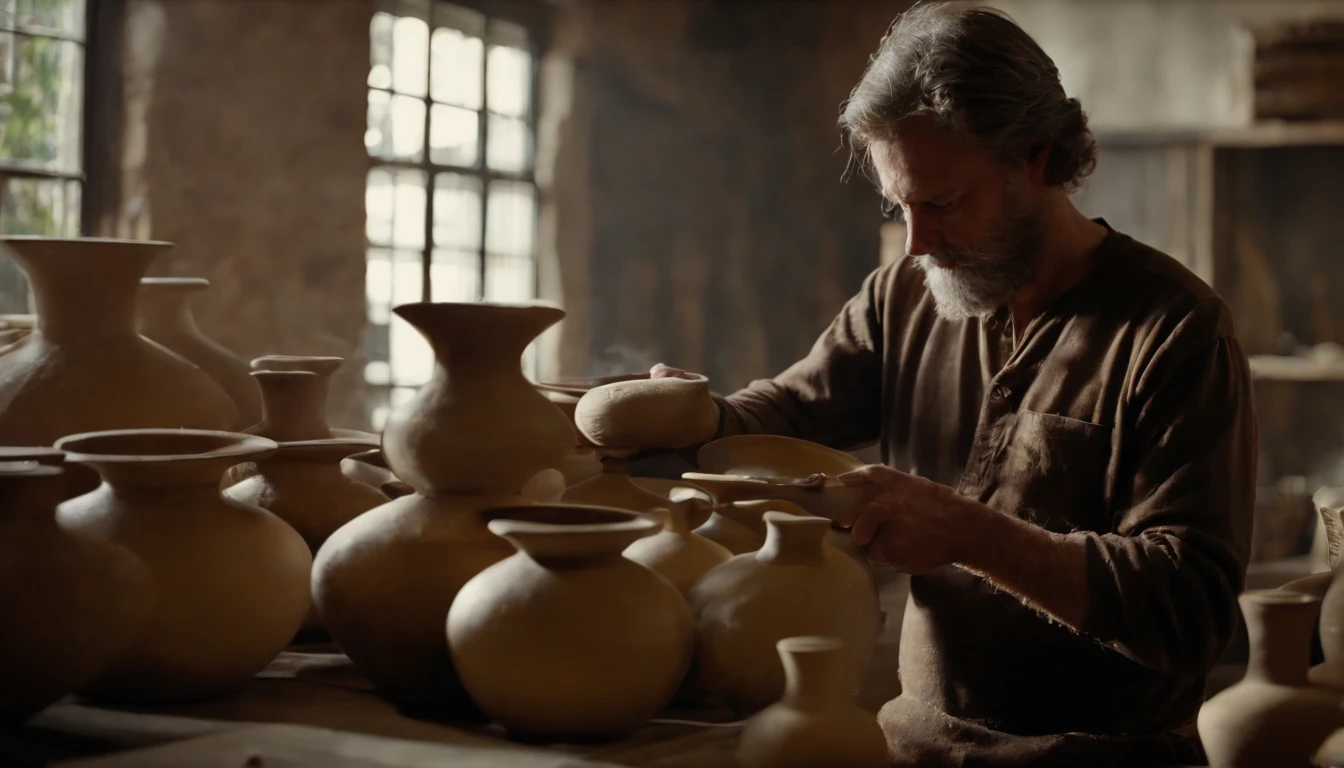 Show the life of a potter man who makes ceramic vases various vases
