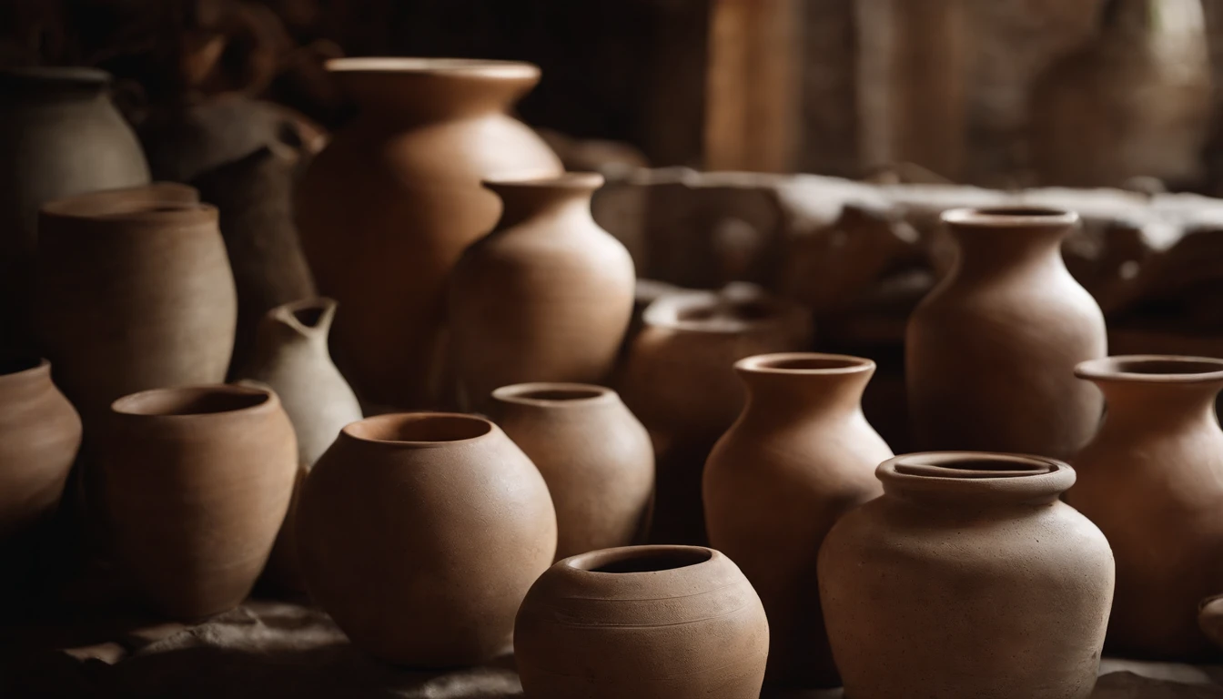 still life photo, close-up shot of a neolithic clay vase in a prehistoric cave, complex impressed decorations, imperfect surface, realistic textures, penumbral hazy environment, natural light, Hasselblad X1D
