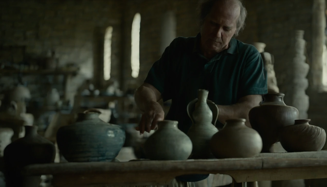 Show the life of a potter man who makes ceramic vases various vases