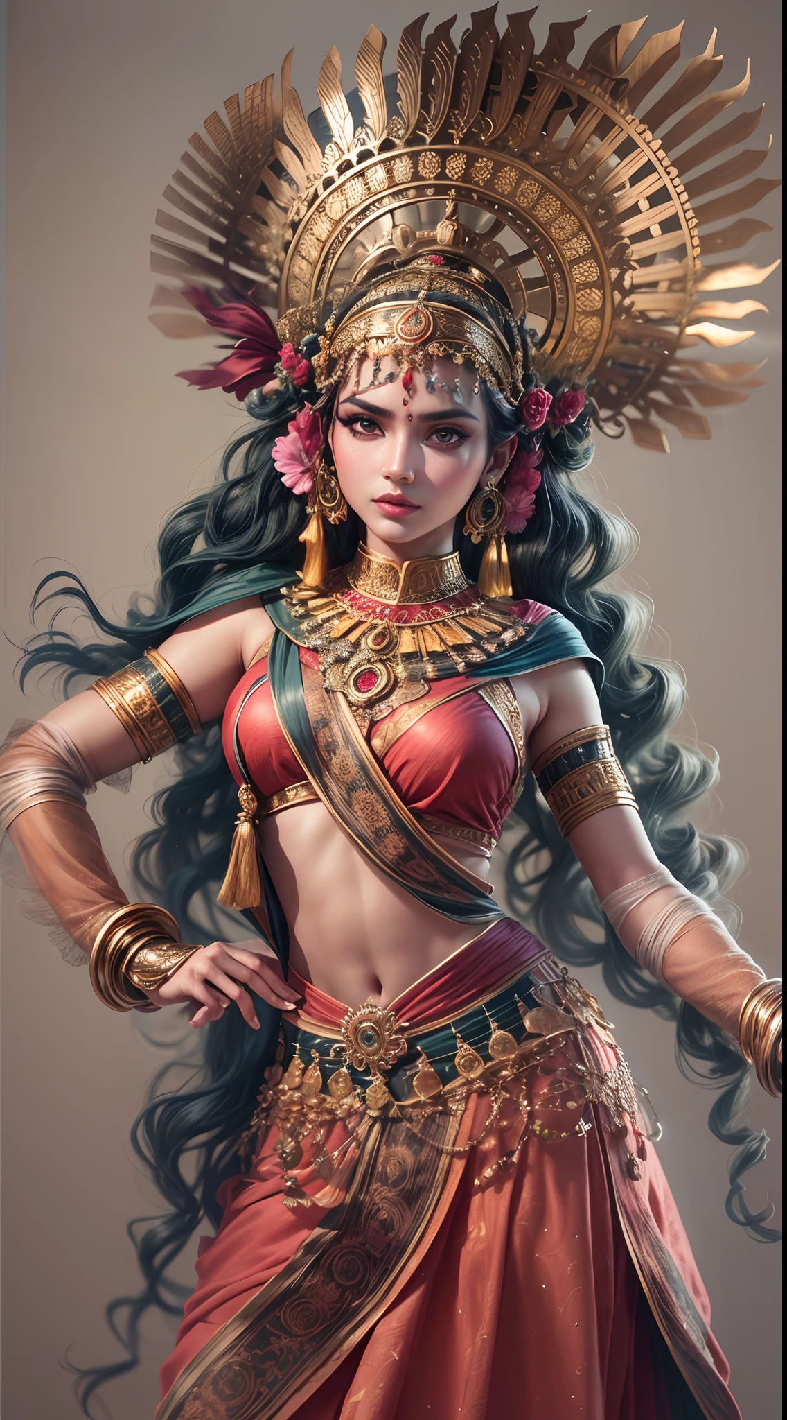 Indian Odysi dancer,Metal color scheme,Highly detailed face and body,Sparkling eyes and vibrant makeup,ornate jewelry,Smooth and elegant movements,traditional Indian clothing,Gears and clockwork mechanisms are widely used,Ethereal background with hints of Indian architecture,Professional studio lighting,Dramatic shadows and highlights,Elegant and complex dance poses,Contrasting colors and textures,Technology blends with traditional art。(Best quality,4K,8K,A high resolution,Masterpiece:1.2),(super ultra detail),)(Realistic,Photorealistic,photo-realistic:1.37))