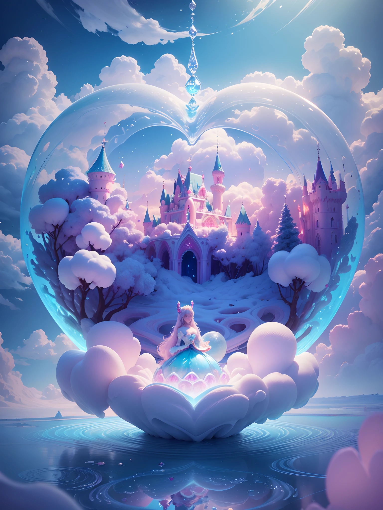 inside a heart shaped bubble a Cotton Candy Queen Women Goddess 8k Resolution Rendered Hyper Realistic Intricate Detail lives in an frosty heart shaped ice bubble, a fanciful place filled with castles, cotton candy, swans lakes and fluffy clouds, An intricate visual representation of computer programing, rendered in 24k resolution with intricate details and symbols.