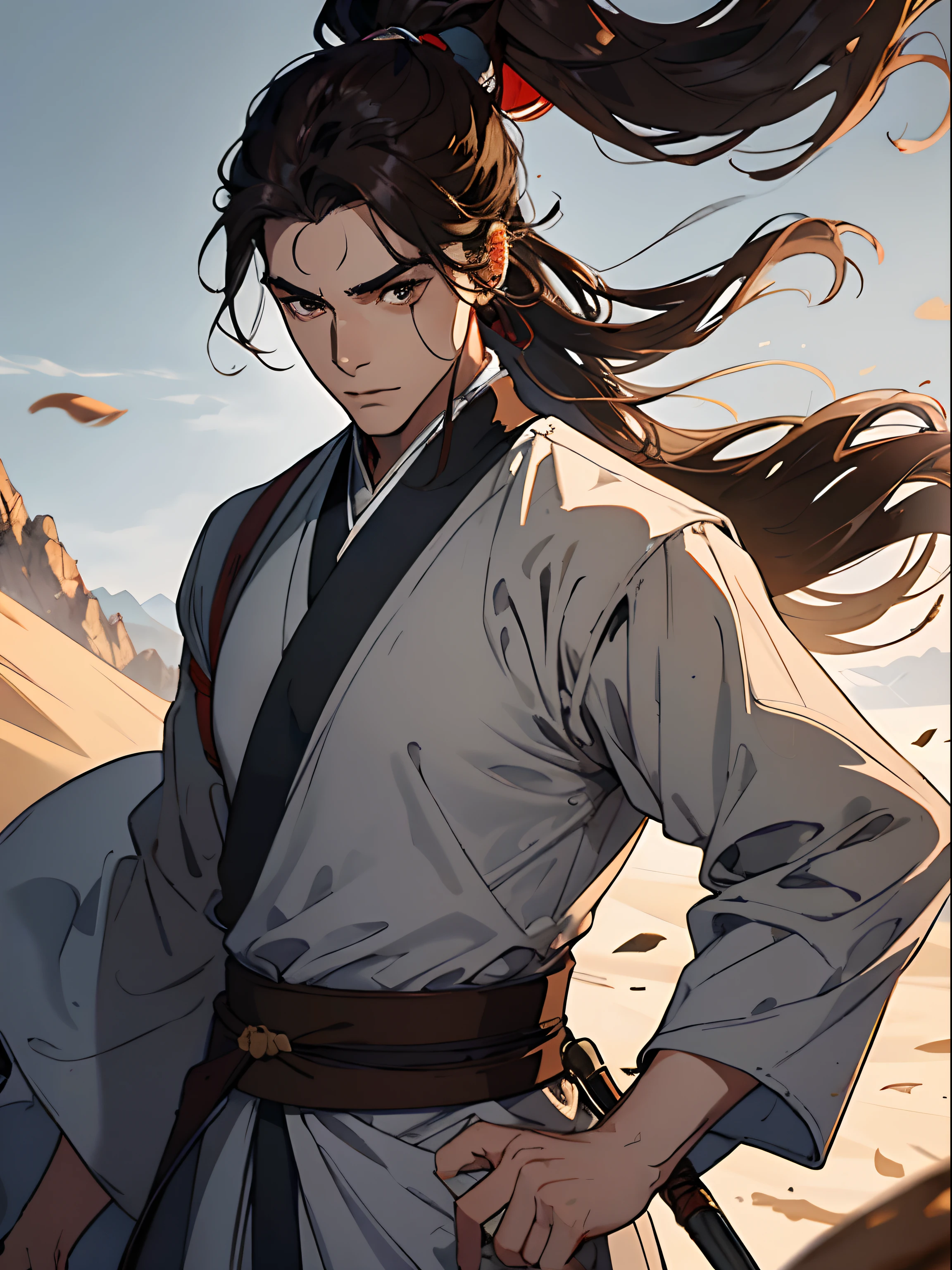 of a guy，The head of the big shot，Dark brown main color picture，Brown clothing，Upper body portrait，A steady and vigorous look，hair flowing，Gentle eyes，The background is the wind and sand of the ancient battlefield，Ultra-clear image quality，8k ultra high definition，Wuxia style costume。