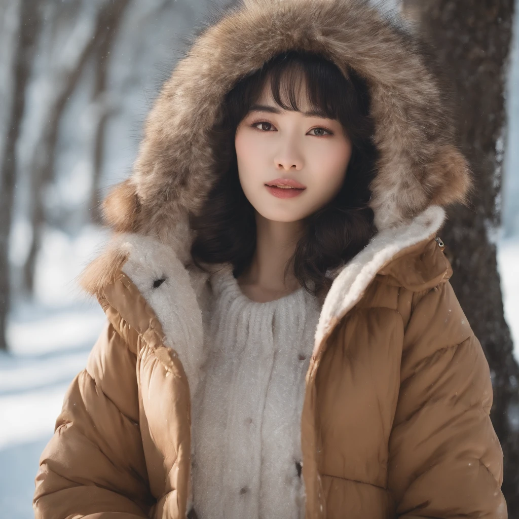 Half Japan and half Spanish, Perfect face, A big smile staring at the camera,1girl in, Bare_tree, brown_Eyes, brown_furr, built, coat,in snow,snowscape,cleavage of the breast, Cross_earrings, 耳环, furred, fur-trim_coat, furr_Collar, furr_scarf, furr_trim, jewely, s lips, Shorthair, up looking_で_viewer, plein air, Yuki, Yuki, 独奏, The tree, 上半身_Body, Winters, Winters_Clothes, Detailed_Eyes,large full breasts、Bring your chest together with your arms、Point your chest at the camera、Colossal tits、Put your ears out、The face of the golden ratio、The body of the golden ratio、top-quality、The ultra -The high-definition、bangss、thick bangs、Shorthair、Short bob hair、shorth hair、short and beautiful hair,Perfect Anatomy、high-definition RAW color photography, professional photograpy, extremely delicate and beautiful, Extremely detailed,finely detail, Huge file size,Top image quality,8K,Photos taken with a single-lens reflex camera