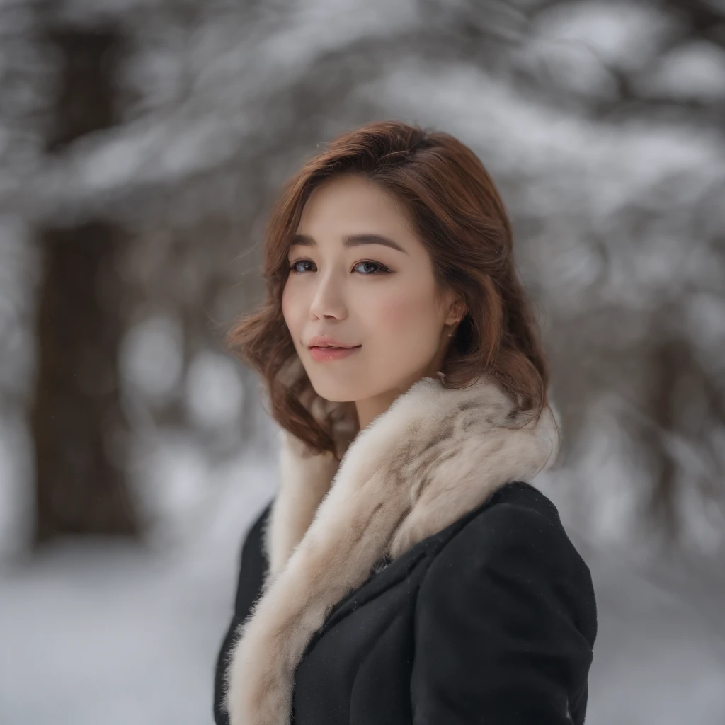 Half Japan and half Spanish, Perfect face, A big smile staring at the camera,1girl in, Bare_tree, brown_Eyes, brown_furr, built, coat,in snow,snowscape,cleavage of the breast, Cross_earrings, 耳环, furred, fur-trim_coat, furr_Collar, furr_scarf, furr_trim, jewely, s lips, Shorthair, up looking_で_viewer, plein air, Yuki, Yuki, 独奏, The tree, 上半身_Body, Winters, Winters_Clothes, Detailed_Eyes,large full breasts、Bring your chest together with your arms、Point your chest at the camera、Colossal tits、Put your ears out、The face of the golden ratio、The body of the golden ratio、top-quality、The ultra -The high-definition、bangss、thick bangs、Shorthair、Short bob hair、shorth hair、short and beautiful hair,Perfect Anatomy、high-definition RAW color photography, professional photograpy, extremely delicate and beautiful, Extremely detailed,finely detail, Huge file size,Top image quality,8K,Photos taken with a single-lens reflex camera