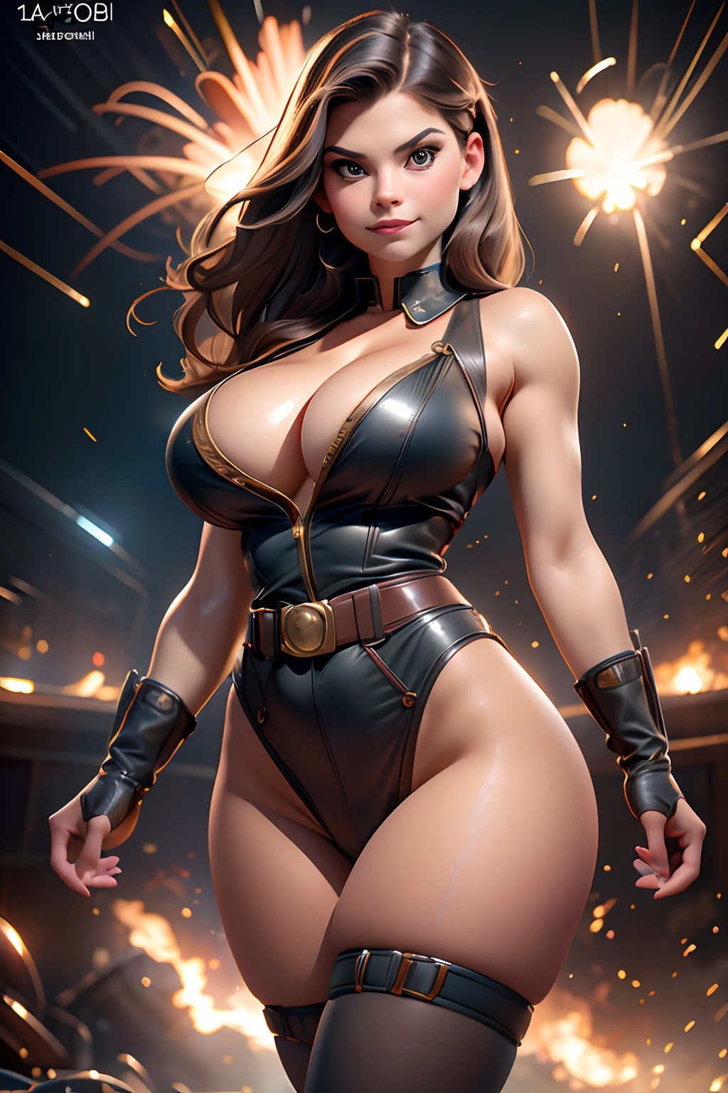 Young Danielle Fishel,sexy pin-up,Massive cleavage,WWII,4K,dynamic,realistic,highly detailed,comic book art,(best quality,4K,highres,masterpiece:1.2),ultra-detailed,(realistic,photo-realistic:1.37),vivid colors,studio lighting,physically-based rendering,portraits,detailed facial features,fine brush strokes,retro style,beautifully rendered shadows,expressive eyes,charming smile,dynamic pose,vintage fashion,1940s era,war-inspired background,dramatic lighting,colorful explosions,heroic atmosphere,action-packed scenario,eye-catching composition,striking contrast,memorable character,energetic lines,dynamic camera angle,meticulous attention to detail