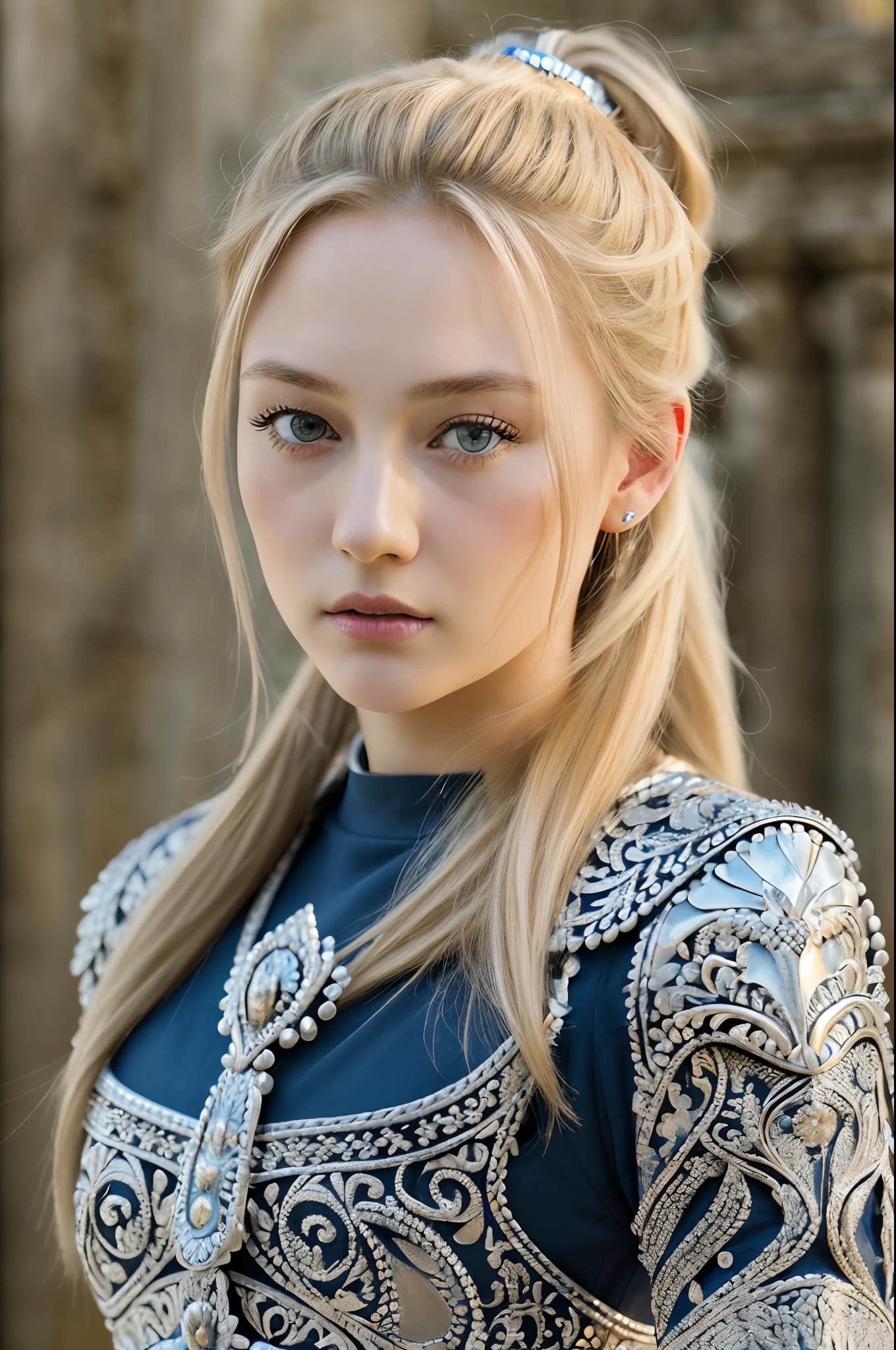 (8K, Best Quality:1.2), (masutepiece:1.37), (Photo, Photorealistic:1.37), (超A high resolution), Face Focus, shot from front, close up, slow motion, Female paladin wearing full body, (Light Silver Armor:1.2),(Ornately decorated armor), (Insanely detailed, bloom:1.5), (Highest Quality, Alessandro Casagrande, Greg Rutkowski, by Sally Mann, Concept art, 4K), (analogue:1.2), (High Sharpness), (Detailed pupils:1.1), Detailed face and eyes, masutepiece, Best Quality, (extremely detailed photo:1.1), (Long Blonde Hair, Blue eyes, Ponytail, Ecstatic:1.1), (Young Woman:1.1), sharp, (Perfect body:1.1), Realistic, real shadow, 。.3D, (a temple background:1.2), (By Michelangelo), photographed:Canan EOS R6, 135 mm, 1/1250s, F/2.8, ISO 400