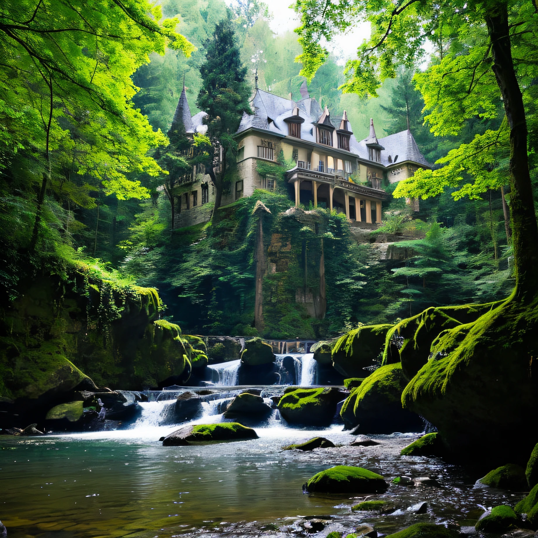 scary castle in the middle of the forest, waterfall