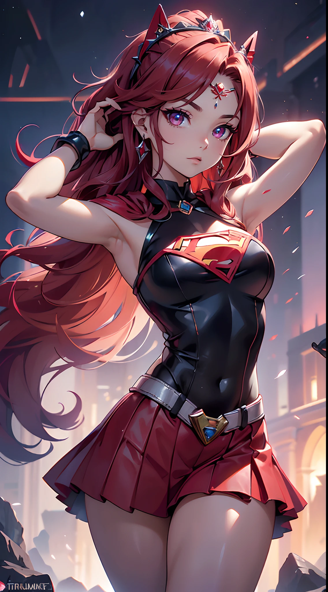 Young girl, long red hair, turquoise eyes, cat ears, superhero shape, pants, open belly, inner, masterpiece, high quality