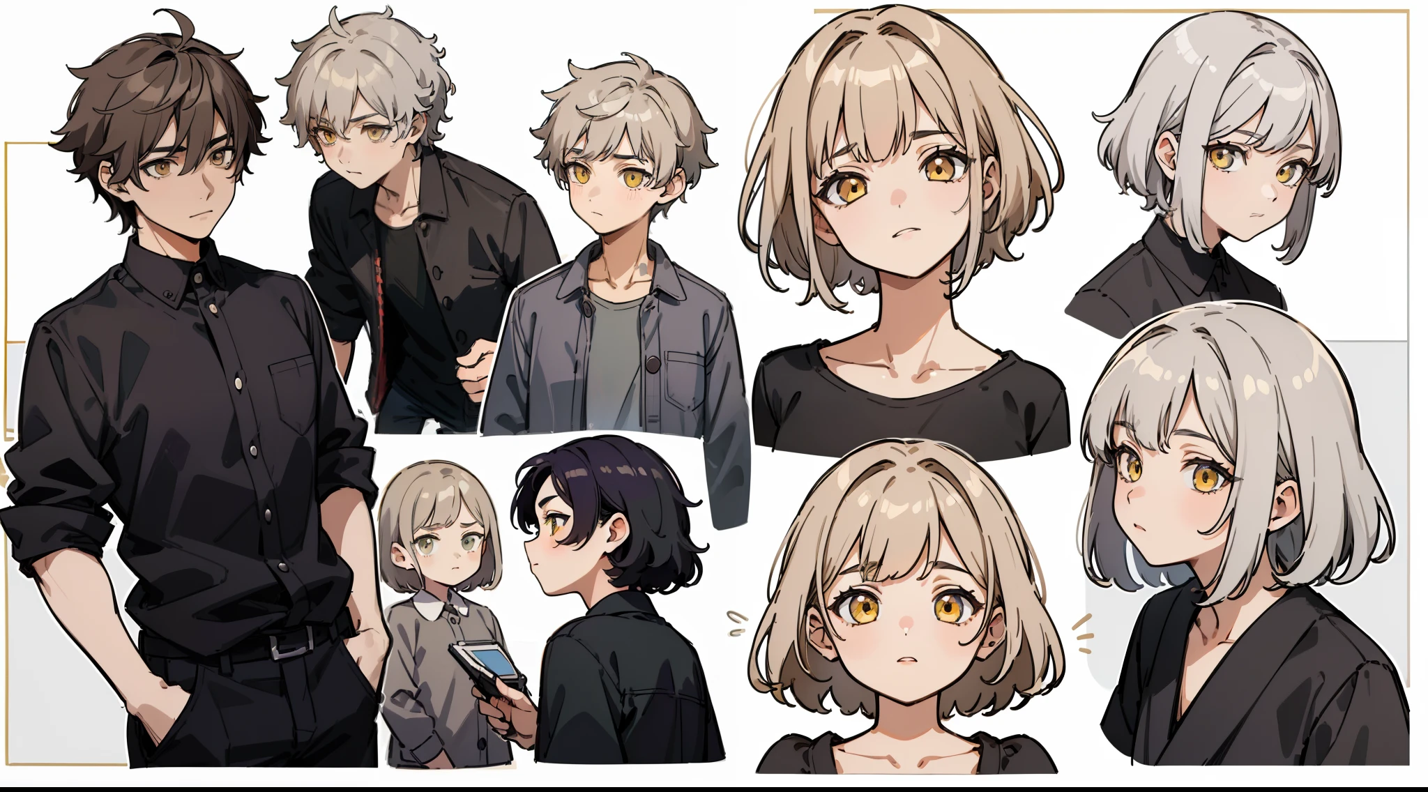 ((Masterpiece, Highest quality)), Detailed face, character sheets, full bodyesbian, 1boys,shoun,children's,Babe, Yellow eyes, Gray hair, short detailed hair, Messy hair, , hair between eye,Black loose blouse, Full of details, Multiple poses and expressions, Highly detailed, Depth, Many parts