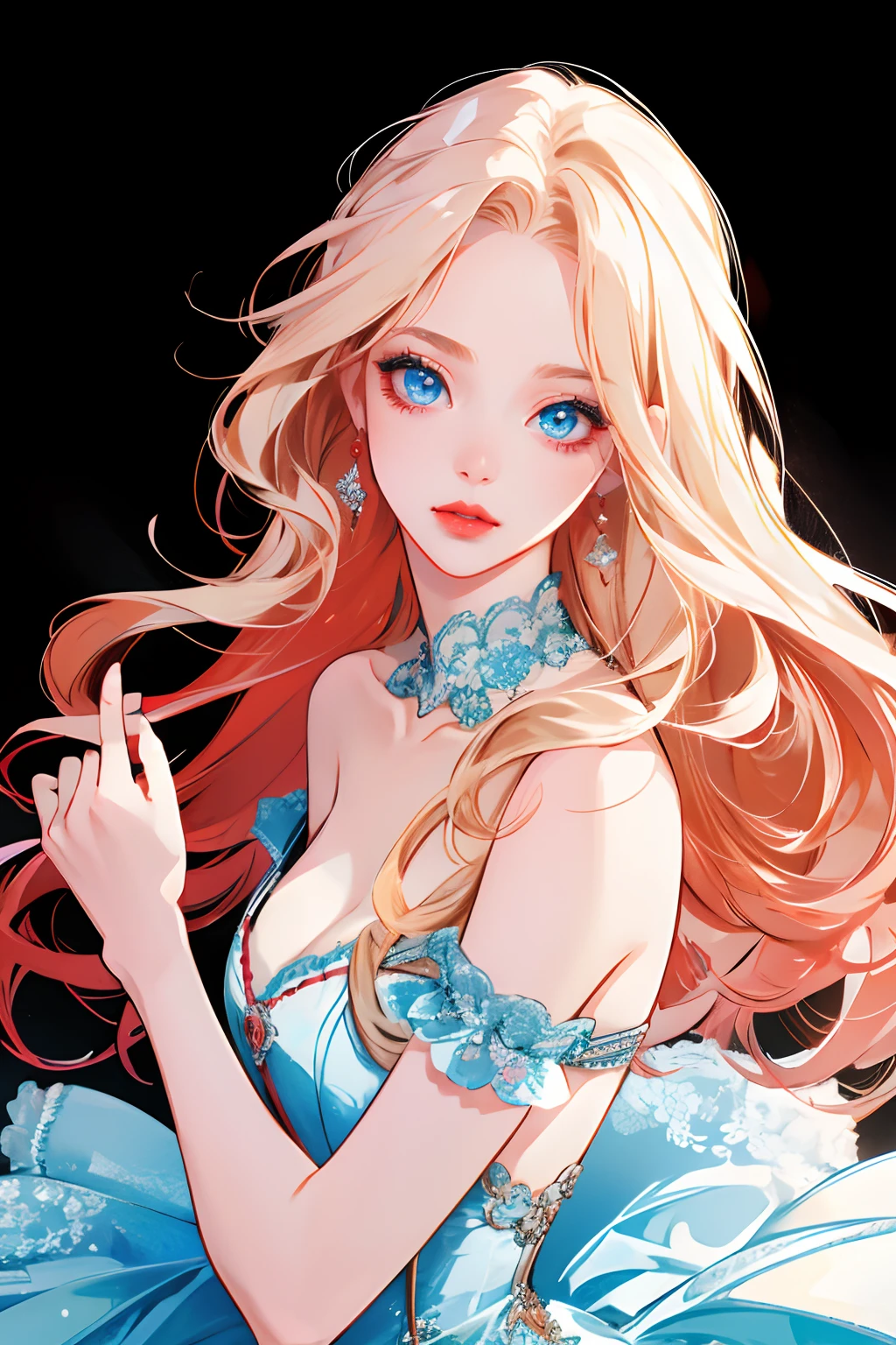 1girl, only ,small breasts, portrait, bad girl, long light blonde hair, light blue eyes, beautiful red lips, nice elegant esmerald dress