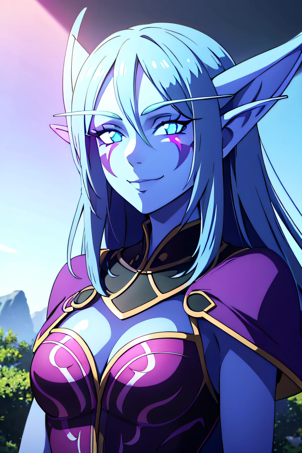 NIGHTELF, GLOWING EYES, COLORED SKIN, FACIAL MARK, MATURE FEMALE, 1girl, solo, facing viewer, looking at viewer, upper body, smile.