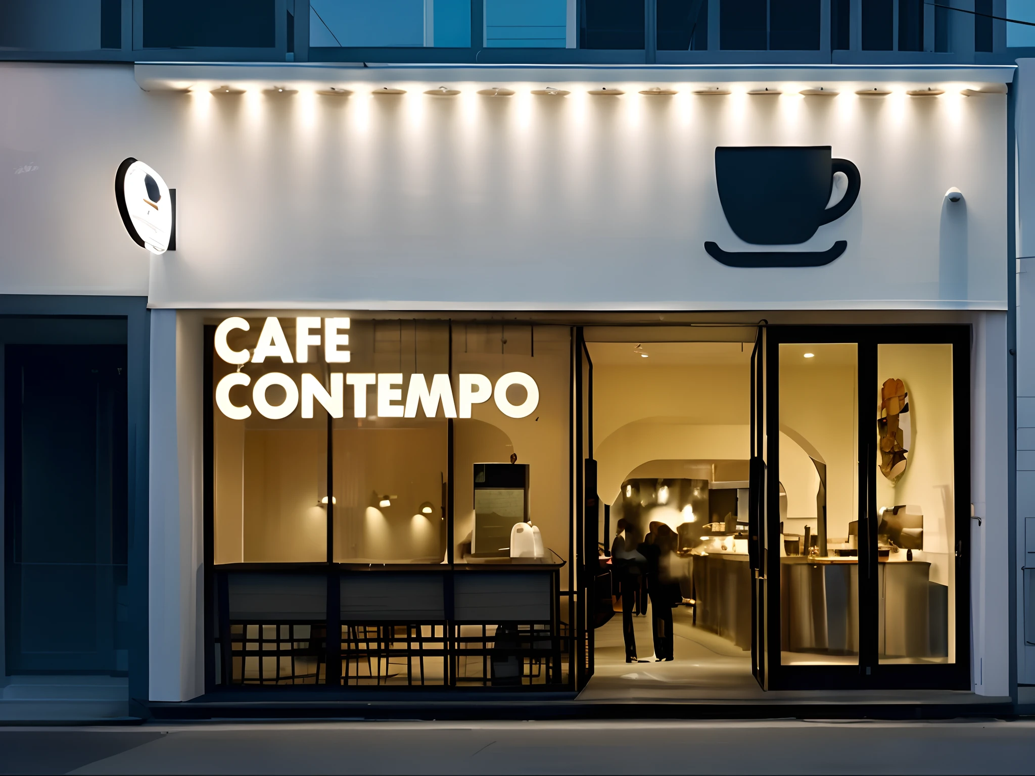 Close-up of coffee shop façade,A coffee, Cafe, contraposto, Award-winning store design, new contemporary, Artistically, cafe shop, trending photo, Shop front, Shop front, Dinner café, contemporary aesthetics, small hipster coffee shop, Contemporary, Extremely high contrast, Contrapposto, modern lush condo as shopfront