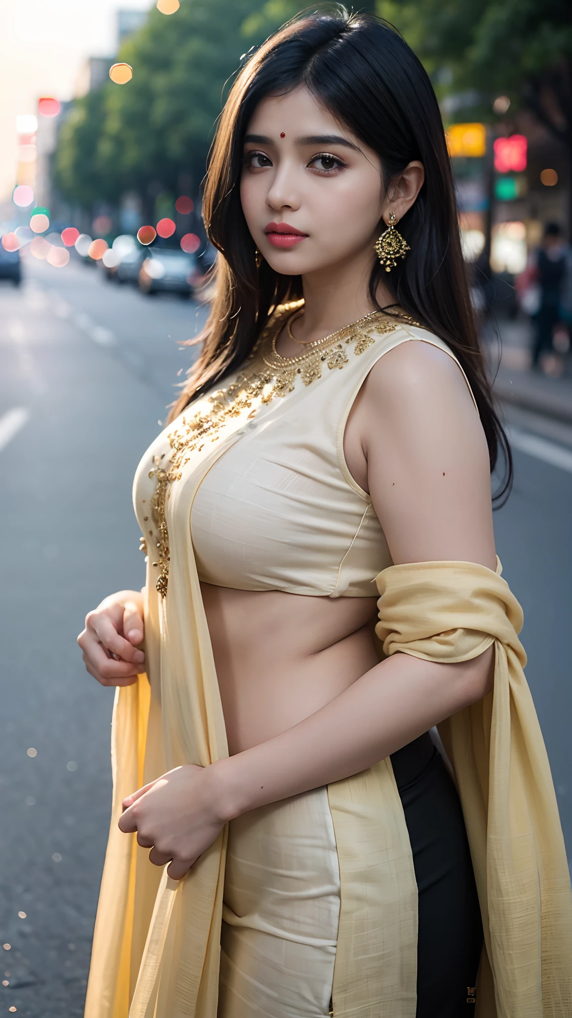 (((desi girl))), chubby face, huge breast, natural skin, wearing hot deep neck top and dupatta, charming black hair, ((hair ends are blonde)), city streets background, bokeh, perfect body, extremely gorgeous