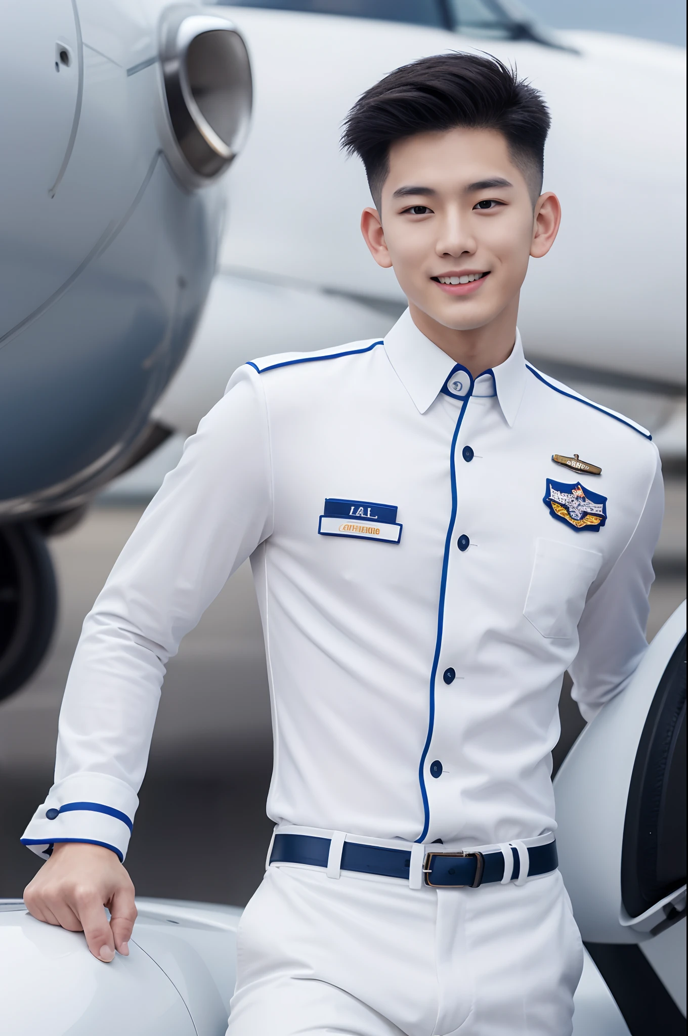 Korean boy in an airline pilot white uniforms, nearby a plane background, Detailed background, detailed fingers, Full Body Shoot, Quiff haircut, look at camera, detailed facial parts, Manly, Active Boy, Freestyle Pose, Happy Expression, perfect ???????, symmetric body, asian boy 19 years old, high detail, asian, realistic, human skin, Short Hairstyle, handsome chad chin, handsome, masculine, attractive, human skin, (eyes contact), Handsome, Attractive