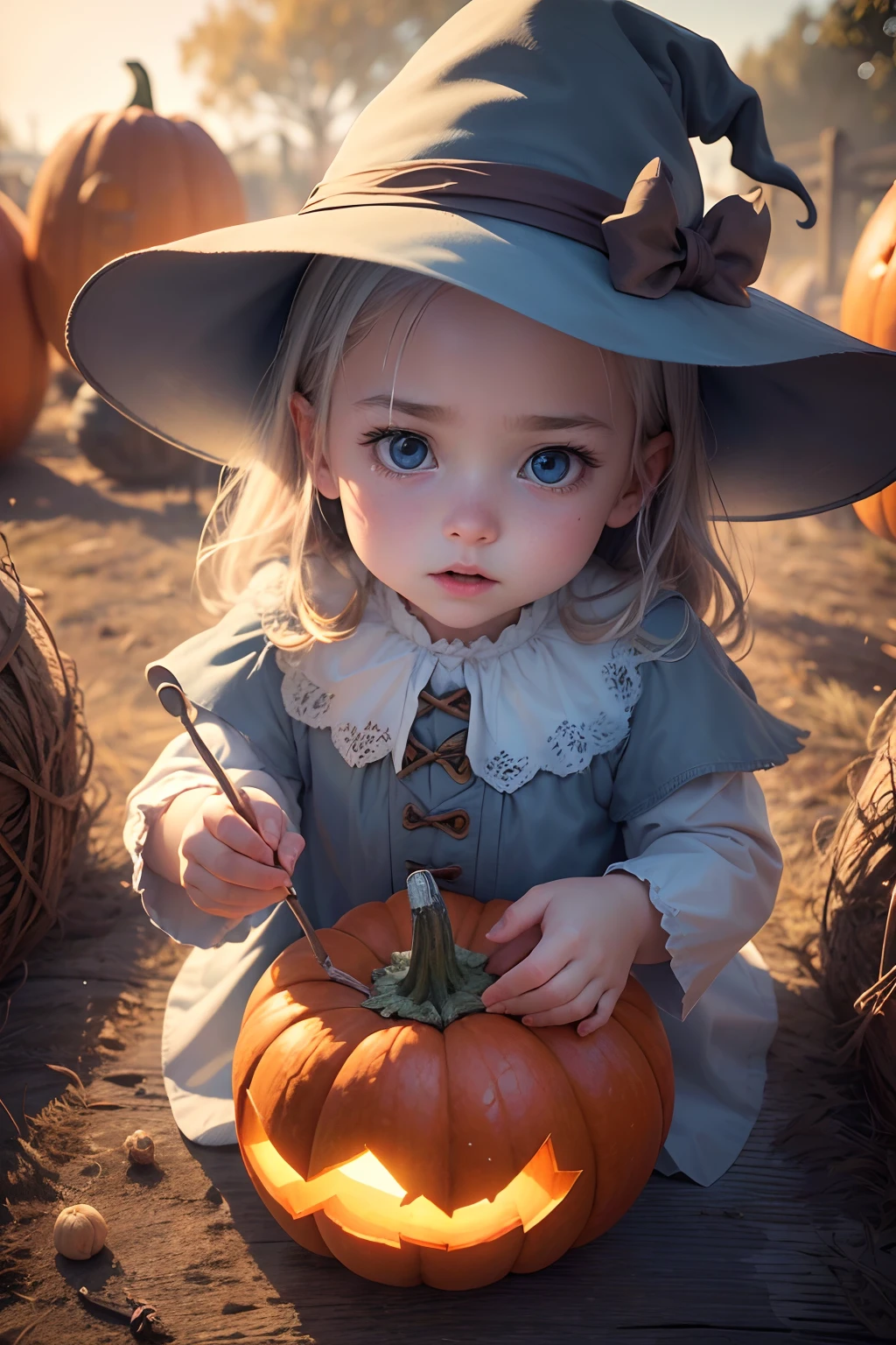 (best quality,4k,highres,masterpiece:1.2),ultra-detailed,(realistic,photorealistic,photo-realistic:1.37), in a witch's outfit,white and light blue clothes,American animation style,intense light,particles of magic in the air,pleasant atmosphere,pumpkin patch,Halloween