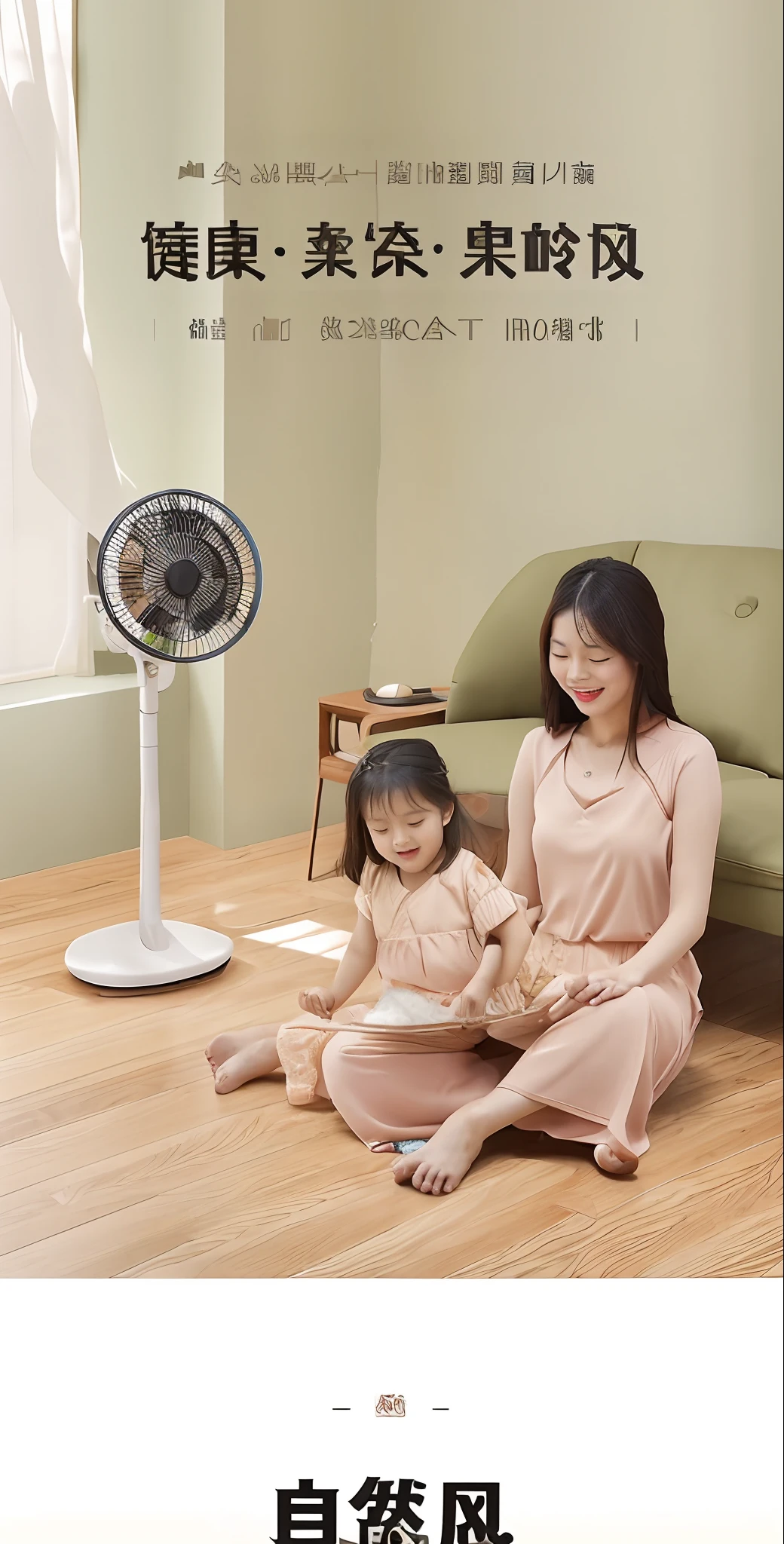 On the floor in front of the fan sat a woman and a , Vibrant and dynamic, inspired by Fan Qi, SleekDesign, product introduction photos, warm and joyful atmosphere, soami, easygoing, Sunny atmosphere, ji-min, detailed wide shot, fan favorite, bottom angles, Vibrant realism, with accurate features, dynamic contrast, Vibrant atmosphere