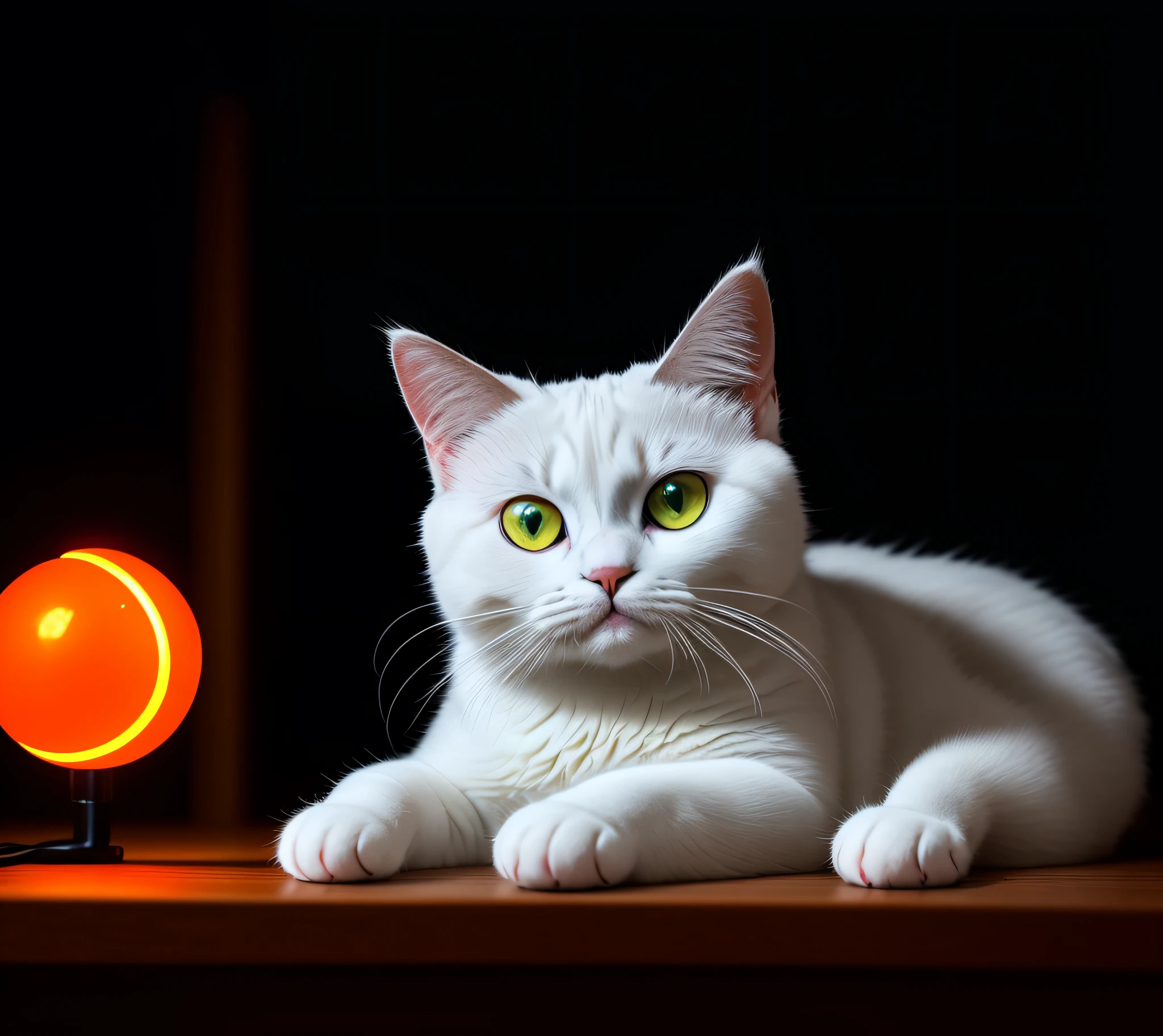 there is a cat that is laying down on a table, beautiful white glowing eyes, with glowing yellow eyes, beautiful glowing eyes, Bright glowing eyes like LEDs, Glowing orange eyes, bright glowing eyes, white glowing eyes, beautiful light big eyes, with glowing eyes, very glowing eyes, exotic shorthair cat, White cat, with red glowing eyes,8K,Cute cat,nighttime scene,There are desk lamps,Cute cat cat,Moe expression,Short mouth,Round face