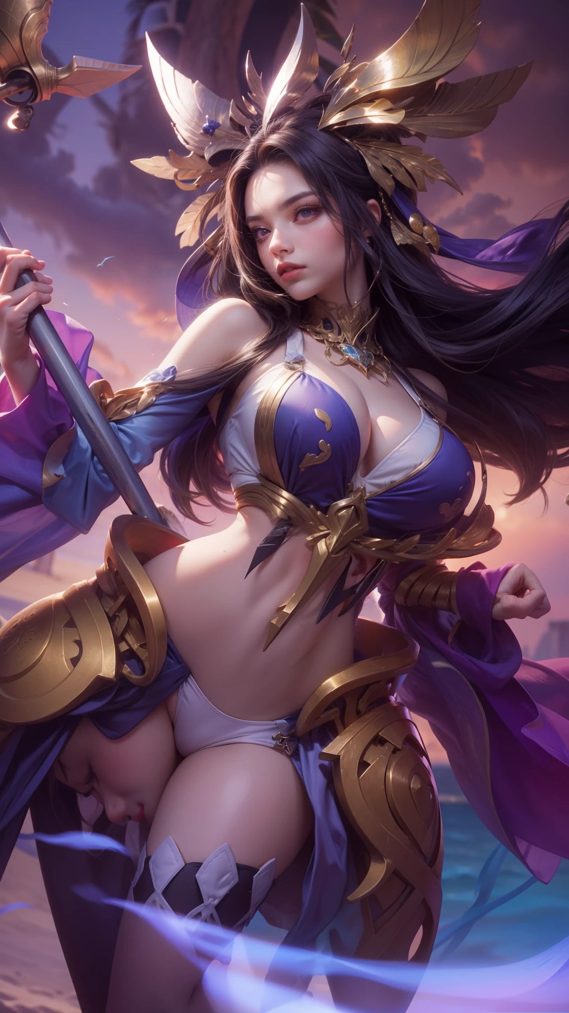 (max resolution: 1.2), (Ultra HDTV: 1.2), 8K resolution, Eye and skin details, detailed facial features, , (Sharp focus: 1.2), (Focus focus) facial expressions: 1.2), Girl, Swimsuit, (long hair), Beach view, Some coconut trees