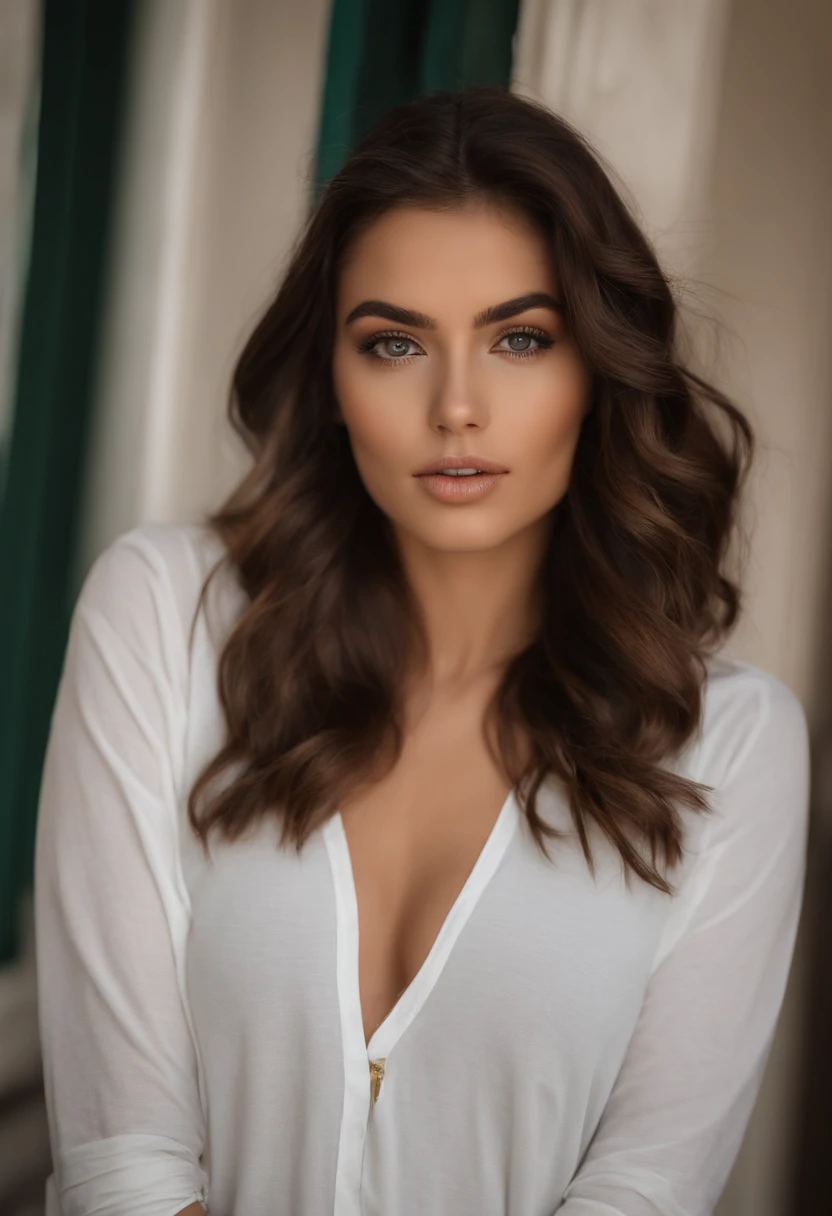 Arafed Mujer con una camiseta blanca sin mangas y un collar, Chica sexy con ojos verdes, piel bronceada, Retrato Sophie Mudd, brown hair and large eyes, selfie de una mujer joven, Ojos del dormitorio, Violeta Myers, sin maquillaje, Maquillaje natural, staring directly into camera, cara con artgram, maquillaje sutil, Impresionante foto de cuerpo completo, penetrantes ojos verdes, beautiful angle, Pose atractiva, Cute little girl, pose sexy, Imagen de cuerpo entero, cuerpo completo, full body shoot, Diosa morena, High detail, Pose satisfecha, pantalones de cuero