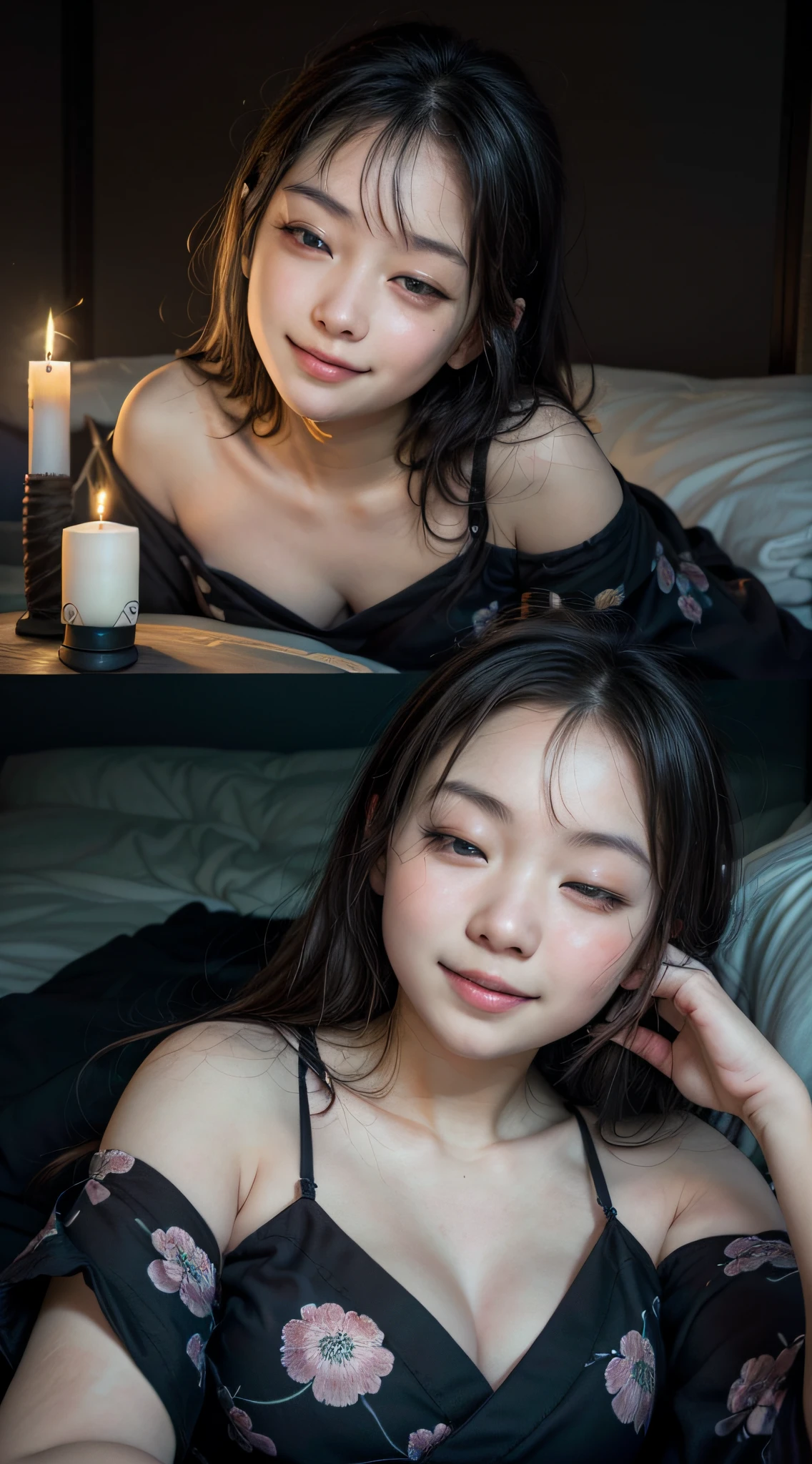 (1girl), Extremely cute face, Amazing face and eyes, (Highly detailed eyes, Highly detailed face), fresh, Very clean appearance, (Hyper-realistic, hight resolution), (Best Quality:1.4), Raw photo, (Realistic, Photorealsitic:1.37), Professional Photography, (floral pattern yukata:1.25), (Amazing big:1.1), (Open yukata), (Bare shoulders), Smile slightly, (Lying face down on a futon:1.5), (Staring at me), Bedroom, futon bedding, PILLOWS, Flower Screen, Relaxing, (The bedroom is pitch black:1.6), (Only the brightness of one candle:1.5),