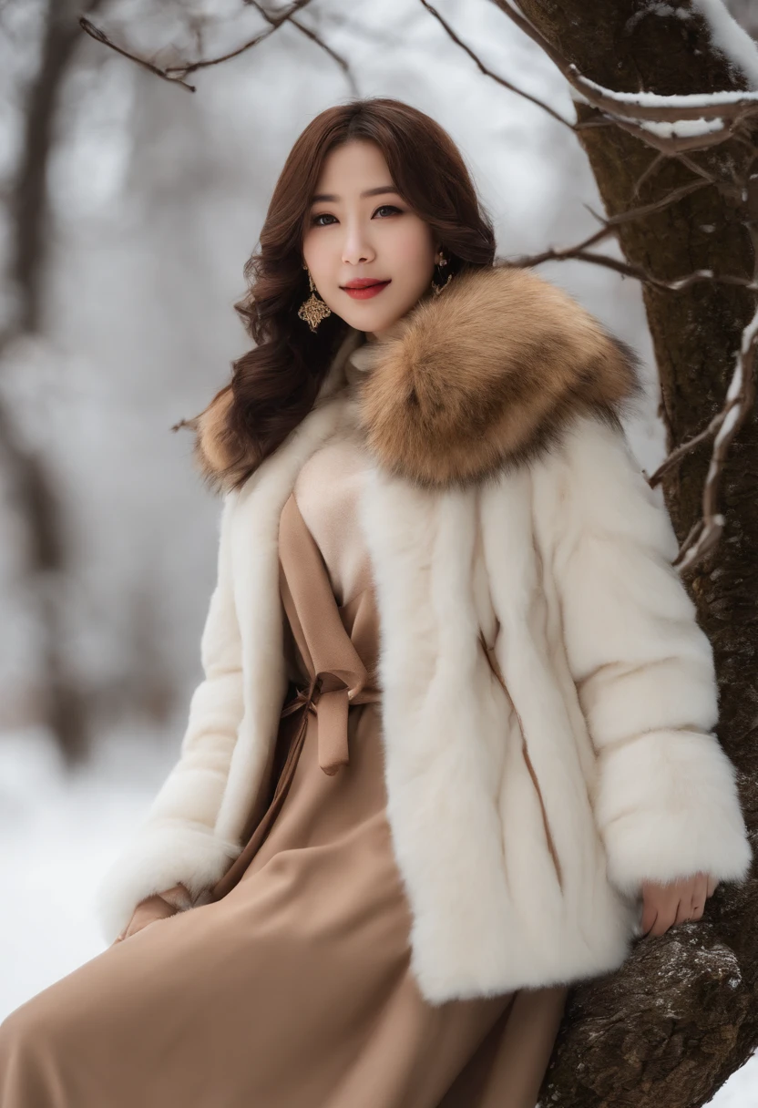 Half Japan and half Spanish, Perfect face, A big smile staring at the camera,1girl in, Bare_tree, brown_Eyes, brown_furr, built, coat,in snow,snowscape,cleavage of the breast, Cross_earrings, 耳环, furred, fur-trim_coat, furr_Collar, furr_scarf, furr_trim, jewely, s lips, Shorthair, up looking_で_viewer, plein air, Yuki, Yuki, 独奏, The tree, 上半身_Body, Winters, Winters_Clothes, Detailed_Eyes,large full breasts、Bring your chest together with your arms、Point your chest at the camera、Colossal tits、Put your ears out、The face of the golden ratio、The body of the golden ratio、top-quality、The ultra -The high-definition、bangss、thick bangs、Shorthair、Short bob hair、shorth hair、short and beautiful hair,Perfect Anatomy、high-definition RAW color photography, professional photograpy, extremely delicate and beautiful, Extremely detailed,finely detail, Huge file size,Top image quality,8K,Photos taken with a single-lens reflex camera