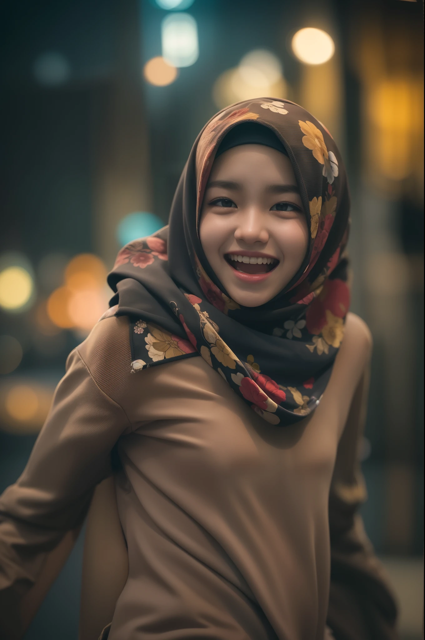 Portrait photo of a young malay girl, (laughing:0.7), malaysian, posing, look at a camera, full body, colorful hijab, colorful bra and panties, wearing colorful floral underwear, chubby camel toe, complex city background, backlit, (cinematic:1.5), epic realistic, hyperdetailed, detailed skin texture, camel toe, mole below eye, insane details, intricate details, accent lighting, soft volumetric light, bokeh, (dramatic light:1.2), (neutral colors:1.3), cross process, night background, portraying the motion and grace of running, showing the wind blowing her hijab, fluid movement, capturing the essence of her athleticism and energy, running