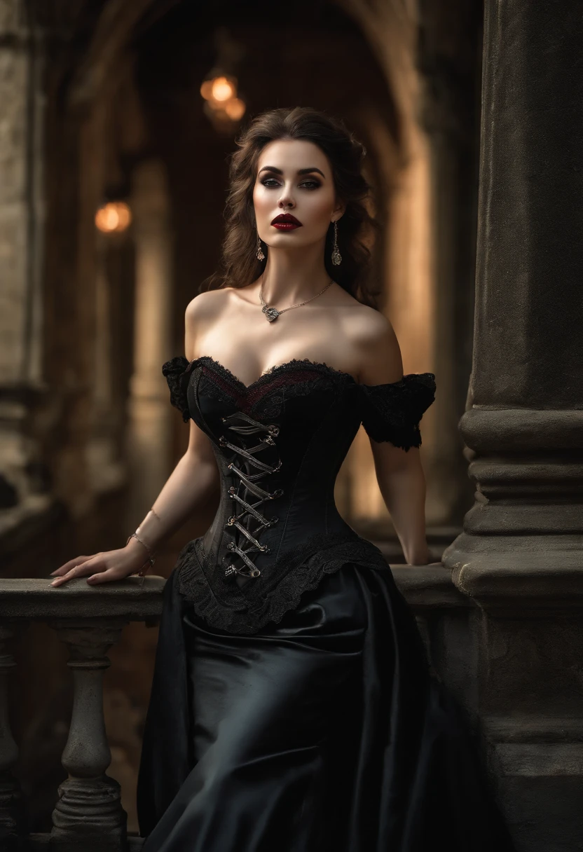 (masterpiece, top quality, best quality, official art, beautiful and aesthetic:1.2), (1girl:1.3), long and curly dark brown hair, ((extravagant updo)), Victorian style, extremely detailed, portrait, looking at viewer, solo, (full body:0.6), detailed background, close up, mischievous eyes, (cold midnight castle theme:1.1), extremely busty vampire, long fangs, blood on chin, huge lips, charlatan, smirk, mysterious, being seductive on a balcony, revealing gothic dress, lace, extremely tight bodice, black attire, red skirts, off shoulder, long sleeves, loose sleeves, black leather, cloak, corset, black dress, fishnets, thigh high black boots, buckles, straps, pouches, glowing blood magic energy, dark red fabric, silver trim, black leather, gigantic breasts, cleavage, skindentation, slim waist, slim hips, long legs, medieval (gothic castle exterior:1.1) background, nighttime, dark mysterious lighting, shadows, magical atmosphere, dutch angle