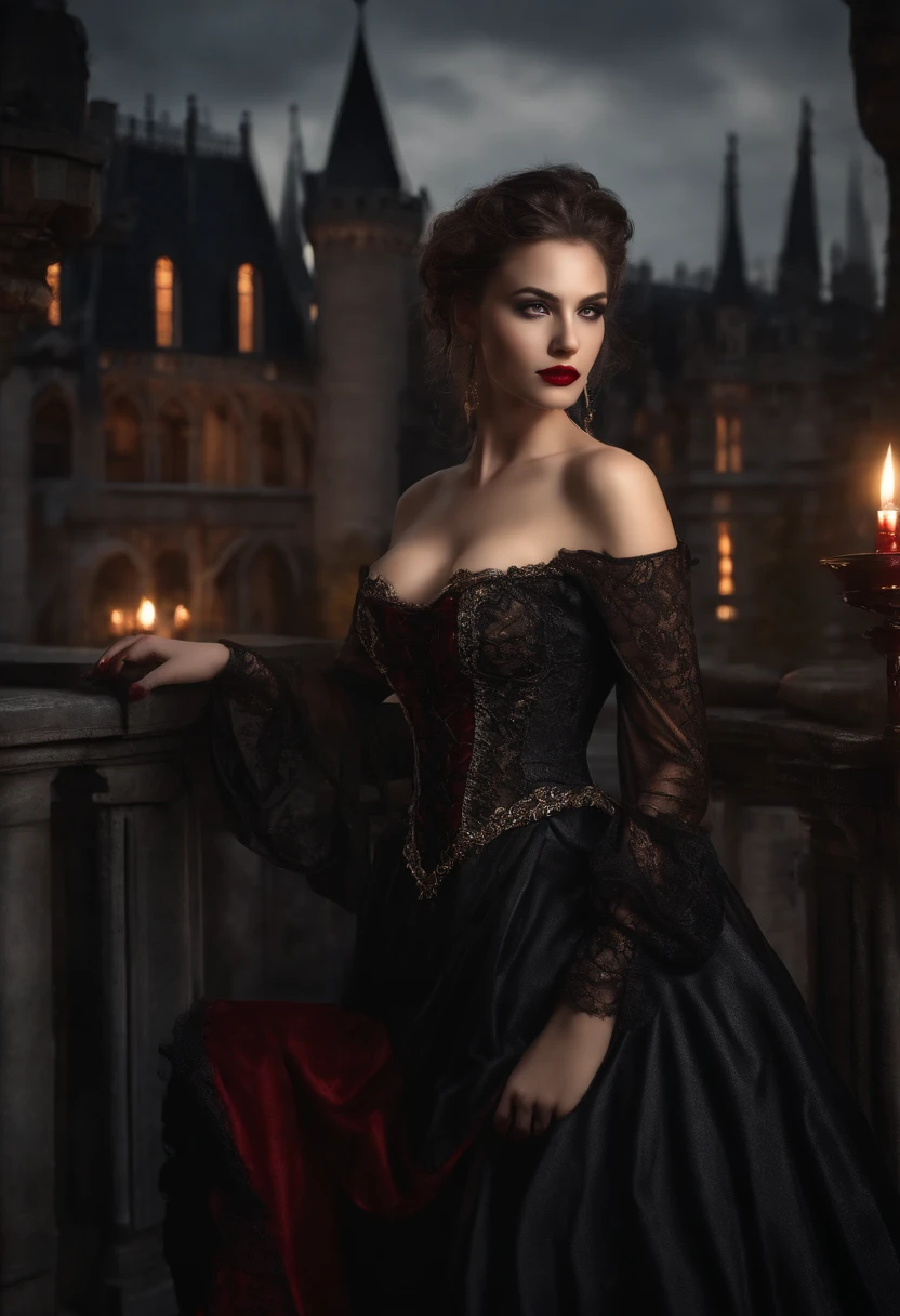 (masterpiece, top quality, best quality, official art, beautiful and aesthetic:1.2), (1girl:1.3), long and curly dark brown hair, ((extravagant updo)), Victorian style, extremely detailed, portrait, looking at viewer, solo, (full body:0.6), detailed background, close up, mischievous eyes, (cold midnight castle theme:1.1), extremely busty vampire, long fangs, blood on chin, huge lips, charlatan, smirk, mysterious, being seductive on a balcony, revealing gothic dress, lace, extremely tight bodice, black attire, red skirts, off shoulder, long sleeves, loose sleeves, black leather, cloak, corset, black dress, fishnets, thigh high black boots, buckles, straps, pouches, glowing blood magic energy, dark red fabric, silver trim, black leather, gigantic breasts, cleavage, skindentation, slim waist, slim hips, long legs, medieval (gothic castle exterior:1.1) background, nighttime, dark mysterious lighting, shadows, magical atmosphere, dutch angle