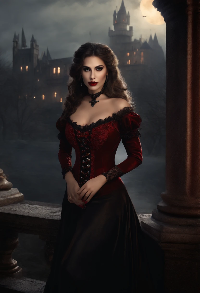 (masterpiece, top quality, best quality, official art, beautiful and aesthetic:1.2), (1girl:1.3), long and curly dark brown hair, ((extravagant updo)), Victorian style, extremely detailed, portrait, looking at viewer, solo, (full body:0.6), detailed background, close up, mischievous eyes, (cold midnight castle theme:1.1), extremely busty vampire, long fangs, blood on chin, huge lips, charlatan, smirk, mysterious, being seductive on a balcony, revealing gothic dress, lace, extremely tight bodice, black attire, red skirts, off shoulder, long sleeves, loose sleeves, black leather, cloak, corset, black dress, fishnets, thigh high black boots, buckles, straps, pouches, glowing blood magic energy, dark red fabric, silver trim, black leather, gigantic breasts, cleavage, skindentation, slim waist, slim hips, long legs, medieval (gothic castle exterior:1.1) background, nighttime, dark mysterious lighting, shadows, magical atmosphere, dutch angle