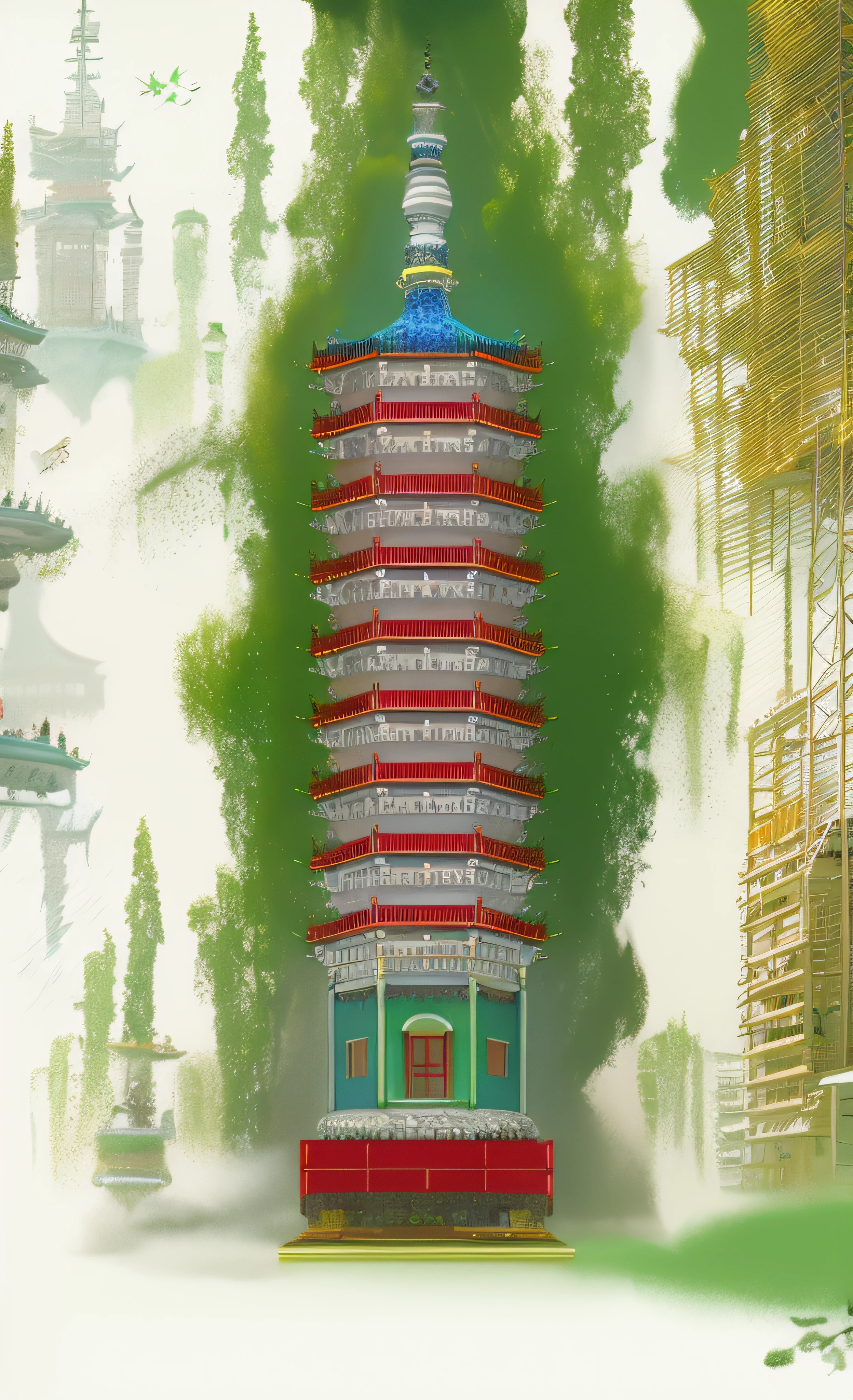 Guochao Illustration style Tower color red, green, blue, yellow and white