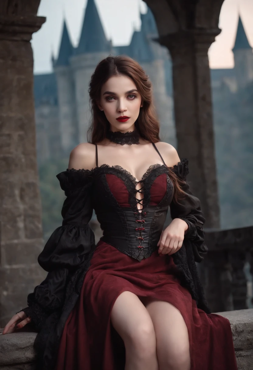 (masterpiece, top quality, best quality, official art, beautiful and aesthetic:1.2), (1girl:1.3), long and curly dark brown hair, ((extravagant updo)), Victorian style, extremely detailed, portrait, looking at viewer, solo, (full body:0.6), detailed background, close up, mischievous eyes, (cold midnight castle theme:1.1), extremely busty vampire, long fangs, blood on chin, huge lips, charlatan, smirk, mysterious, being seductive on a balcony, revealing gothic dress, lace, extremely tight bodice, black attire, red skirts, off shoulder, long sleeves, loose sleeves, black leather, cloak, corset, black dress, fishnets, thigh high black boots, buckles, straps, pouches, glowing blood magic energy, dark red fabric, silver trim, black leather, gigantic breasts, cleavage, skindentation, slim waist, slim hips, long legs, medieval (gothic castle exterior:1.1) background, nighttime, dark mysterious lighting, shadows, magical atmosphere, dutch angle