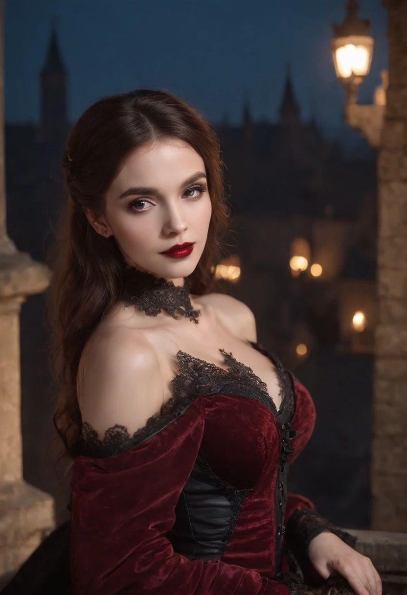 (masterpiece, top quality, best quality, official art, beautiful and aesthetic:1.2), (1girl:1.3), long and curly dark brown hair, ((extravagant updo)), Victorian style, extremely detailed, portrait, looking at viewer, solo, (full body:0.6), detailed background, close up, mischievous eyes, (cold midnight castle theme:1.1), extremely busty vampire, long fangs, blood on chin, huge lips, charlatan, smirk, mysterious, being seductive on a balcony, revealing gothic dress, lace, extremely tight bodice, black attire, red skirts, off shoulder, long sleeves, loose sleeves, black leather, cloak, corset, black dress, fishnets, thigh high black boots, buckles, straps, pouches, glowing blood magic energy, dark red fabric, silver trim, black leather, gigantic breasts, cleavage, skindentation, slim waist, slim hips, long legs, medieval (gothic castle exterior:1.1) background, nighttime, dark mysterious lighting, shadows, magical atmosphere, dutch angle