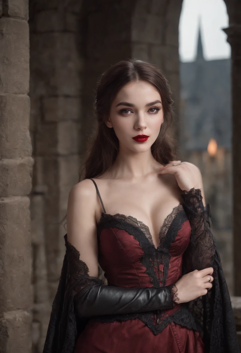 (masterpiece, top quality, best quality, official art, beautiful and aesthetic:1.2), (1girl:1.3), long and curly dark brown hair, ((extravagant updo)), Victorian style, extremely detailed, portrait, looking at viewer, solo, (full body:0.6), detailed background, close up, mischievous eyes, (cold midnight castle theme:1.1), extremely busty vampire, long fangs, blood on chin, huge lips, charlatan, smirk, mysterious, being seductive on a balcony, revealing gothic dress, lace, extremely tight bodice, black attire, red skirts, off shoulder, long sleeves, loose sleeves, black leather, cloak, corset, black dress, fishnets, thigh high black boots, buckles, straps, pouches, glowing blood magic energy, dark red fabric, silver trim, black leather, gigantic breasts, cleavage, skindentation, slim waist, slim hips, long legs, medieval (gothic castle exterior:1.1) background, nighttime, dark mysterious lighting, shadows, magical atmosphere, dutch angle