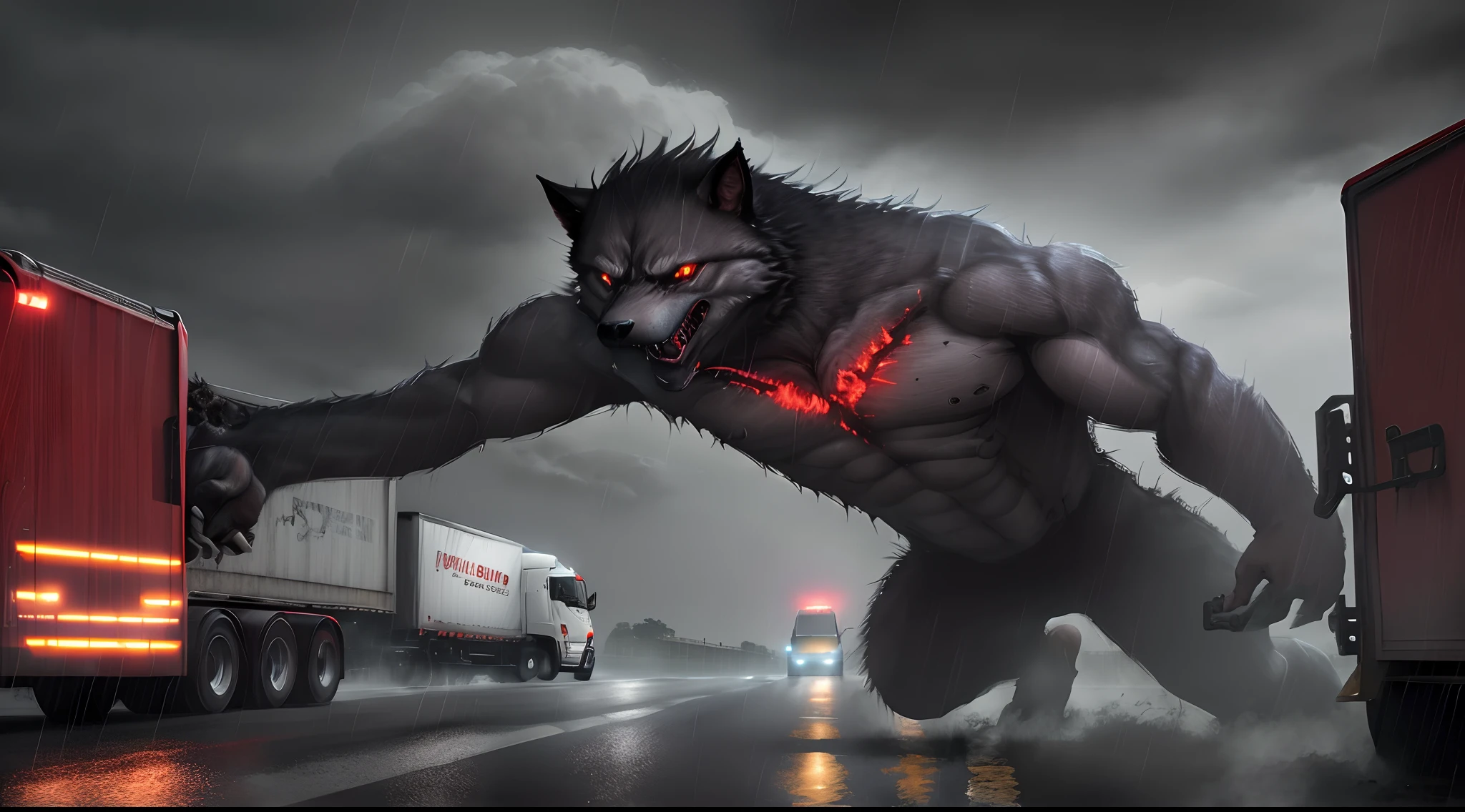 Um monstro parece um lobisomem, Glowing red eyes jumping and ripping off the door of a semi truck that is traveling alone on a highway at rainy night , Action Scene Style, estilo de arte digital, estilo silent hill