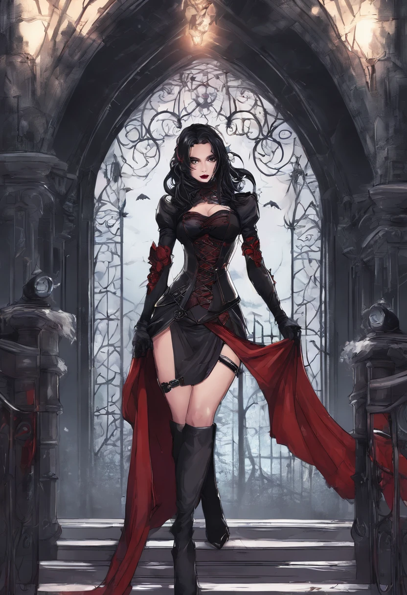 (masterpiece, top quality, best quality, official art, beautiful and aesthetic:1.2), (1girl:1.3), long and curly dark brown hair, ((extravagant updo)), Victorian style, extremely detailed, portrait, looking at viewer, solo, (full body:0.6), detailed background, close up, mischievous eyes, (cold midnight castle theme:1.1), extremely busty vampire, long fangs, blood on chin, huge lips, charlatan, smirk, mysterious, being seductive on a balcony, revealing gothic dress, lace, extremely tight bodice, black attire, red skirts, off shoulder, long sleeves, loose sleeves, black leather, cloak, corset, black dress, fishnets, thigh high black boots, buckles, straps, pouches, glowing blood magic energy, dark red fabric, silver trim, black leather, gigantic breasts, cleavage, skindentation, slim waist, slim hips, long legs, medieval (gothic castle exterior:1.1) background, nighttime, dark mysterious lighting, shadows, magical atmosphere, dutch angle